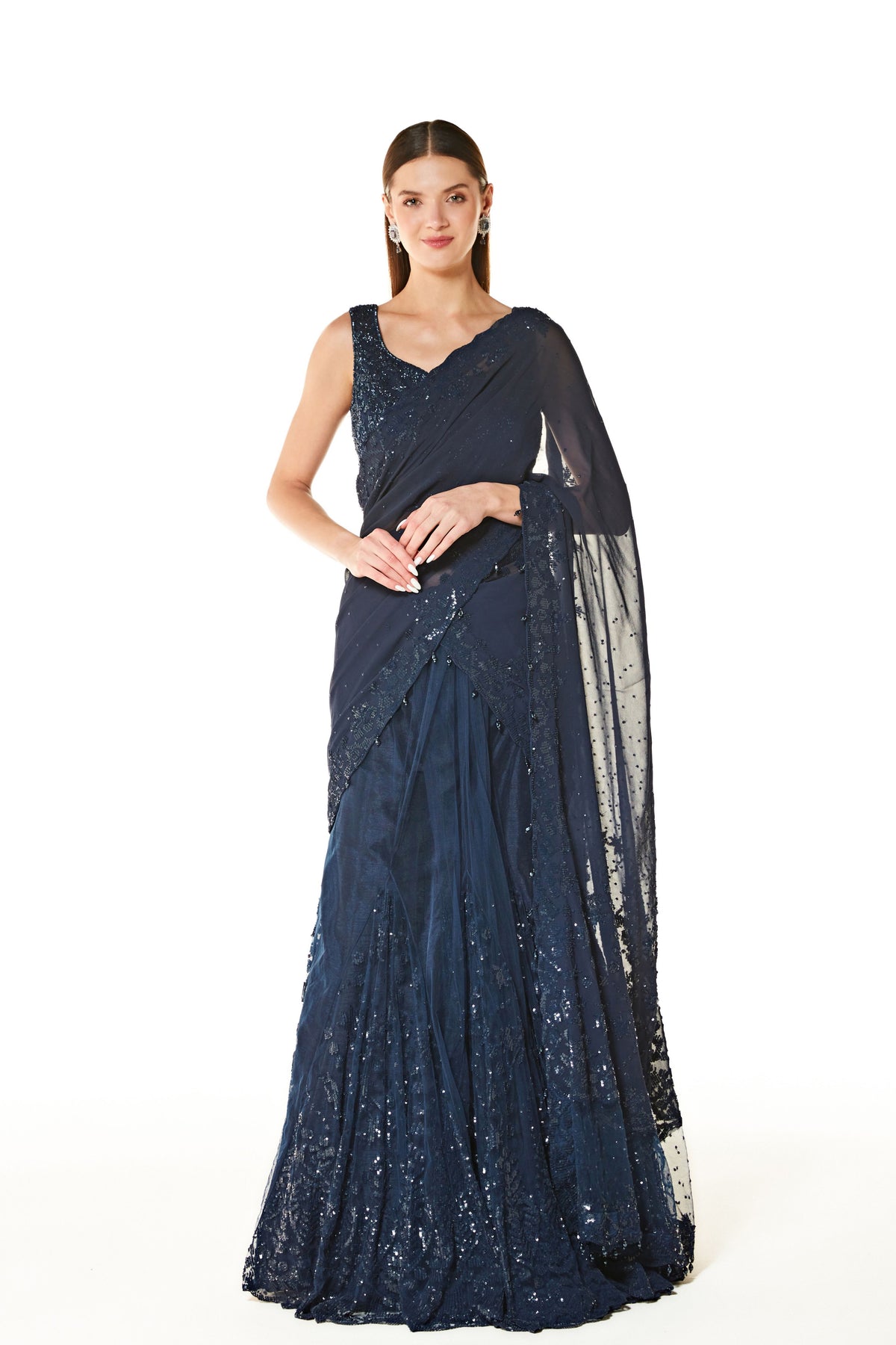 Adha Deep Blue Lehenga Saree Set