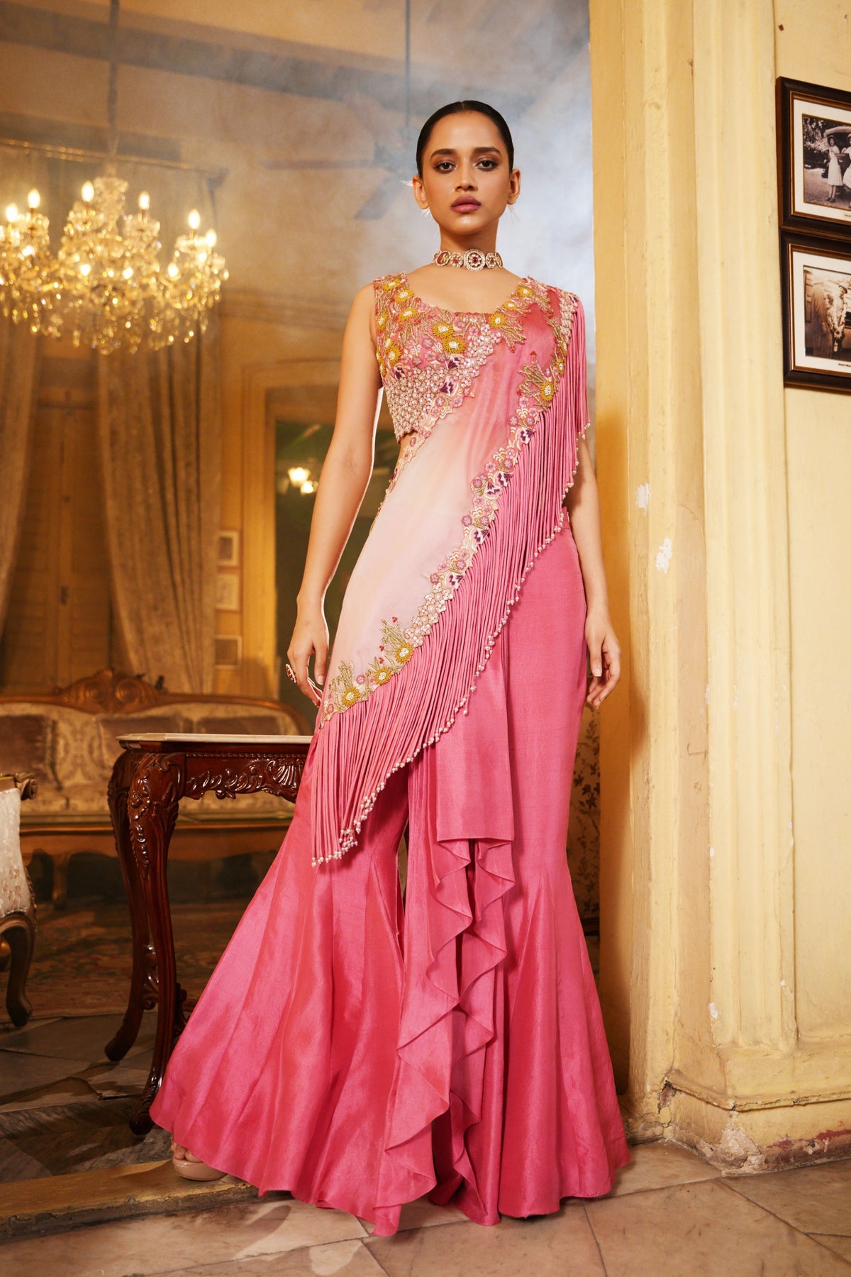 Hand Embroidered Tassel Drape Saree Set