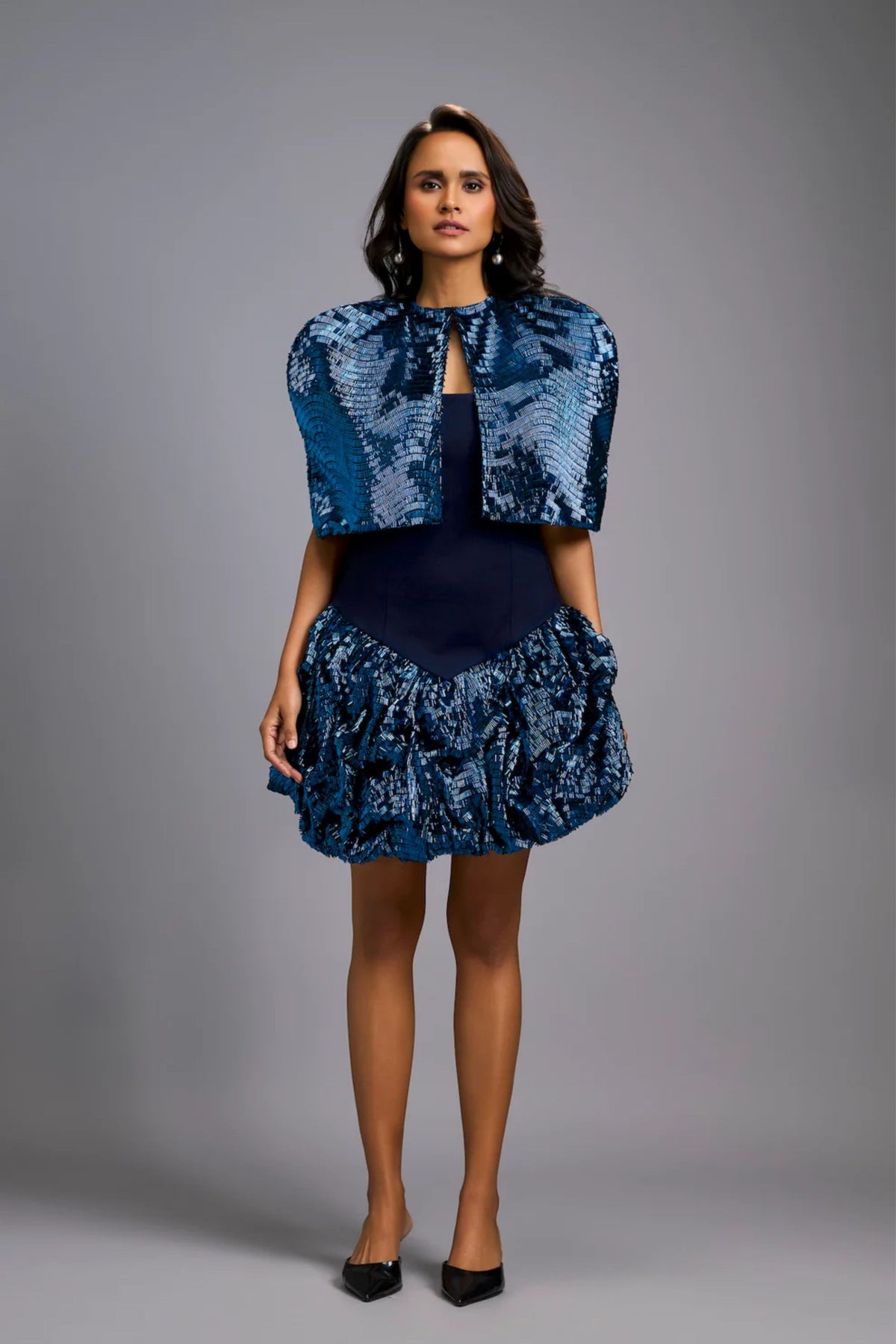 Shimmer Embroidered Navy Cape Dress