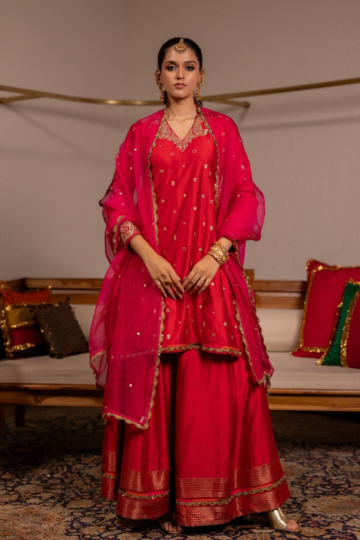 Makar Red Kurta Set With Dupatta - Pooja & Keyur - Elahe