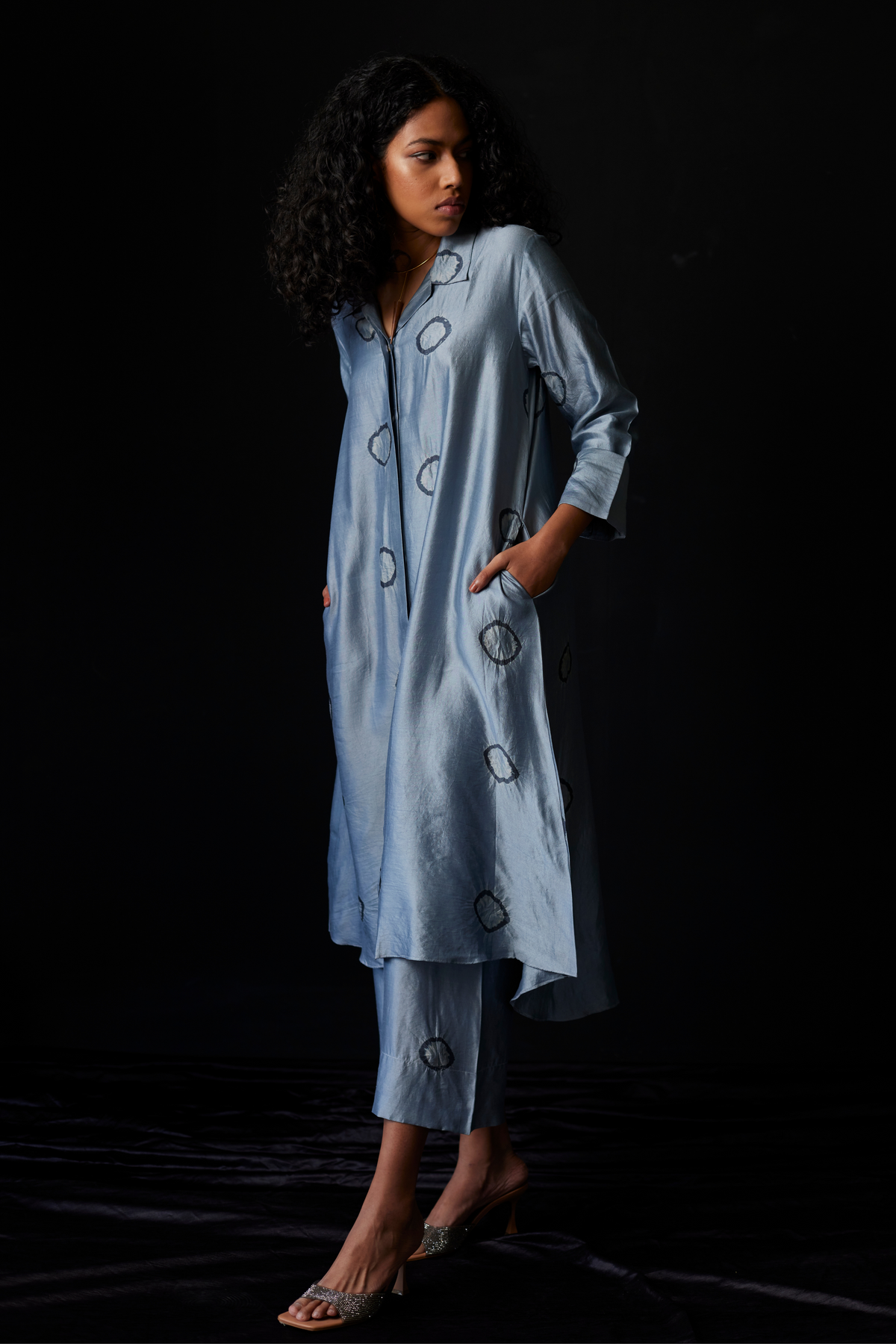 Blue Grey Tie-Dye Silk Shirt Set
