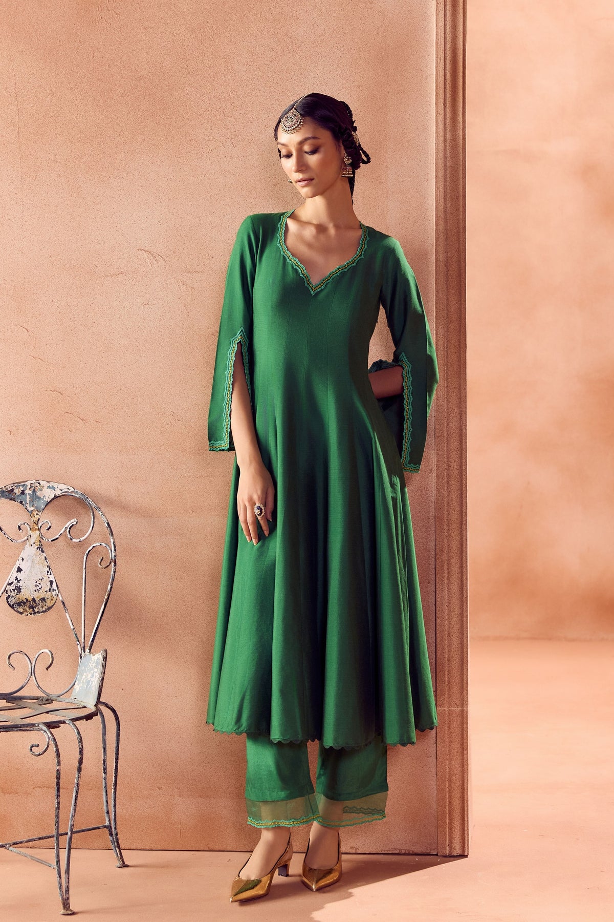 Green Floral Anarkali Set