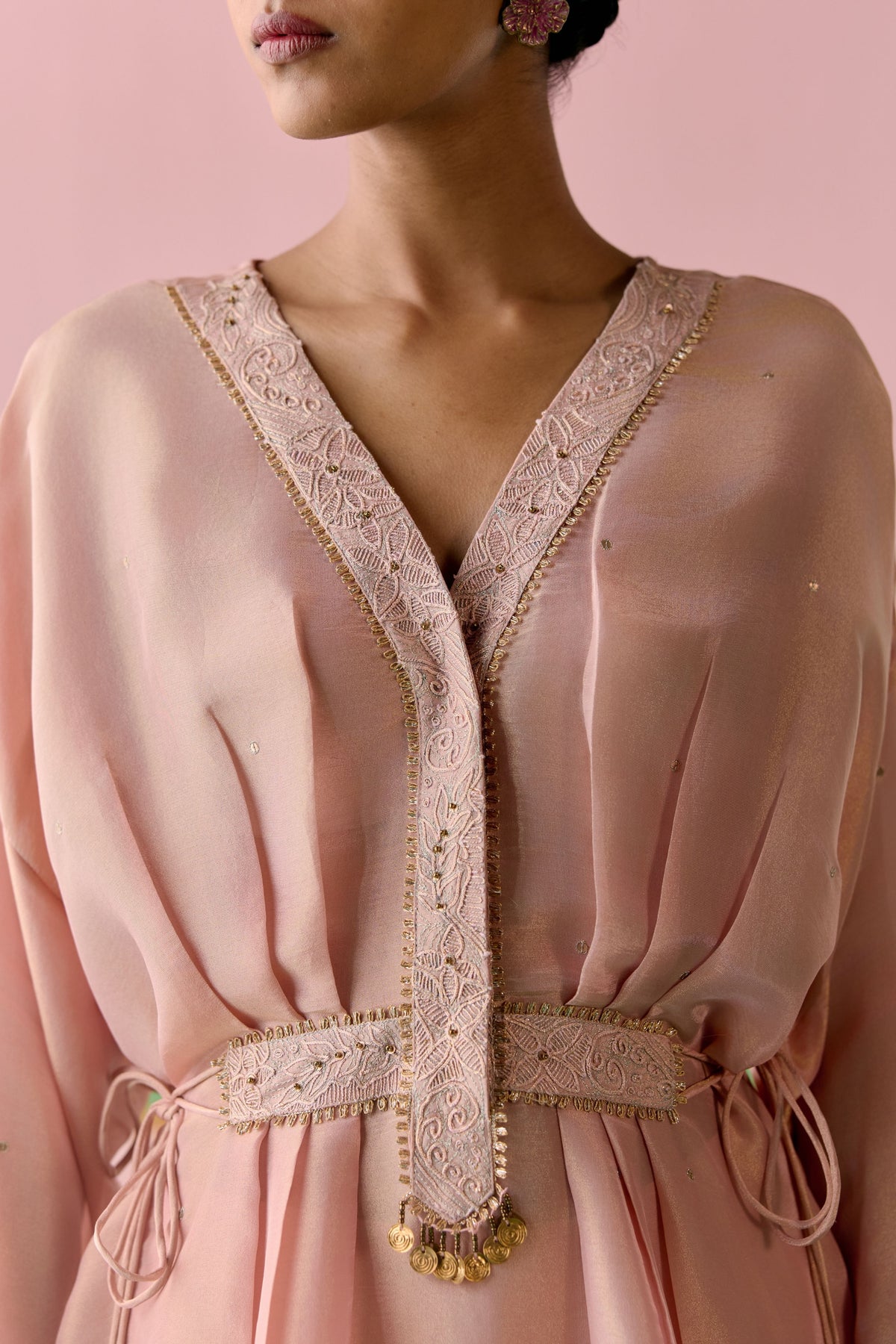 Peach Embroidered Long Kaftan Set