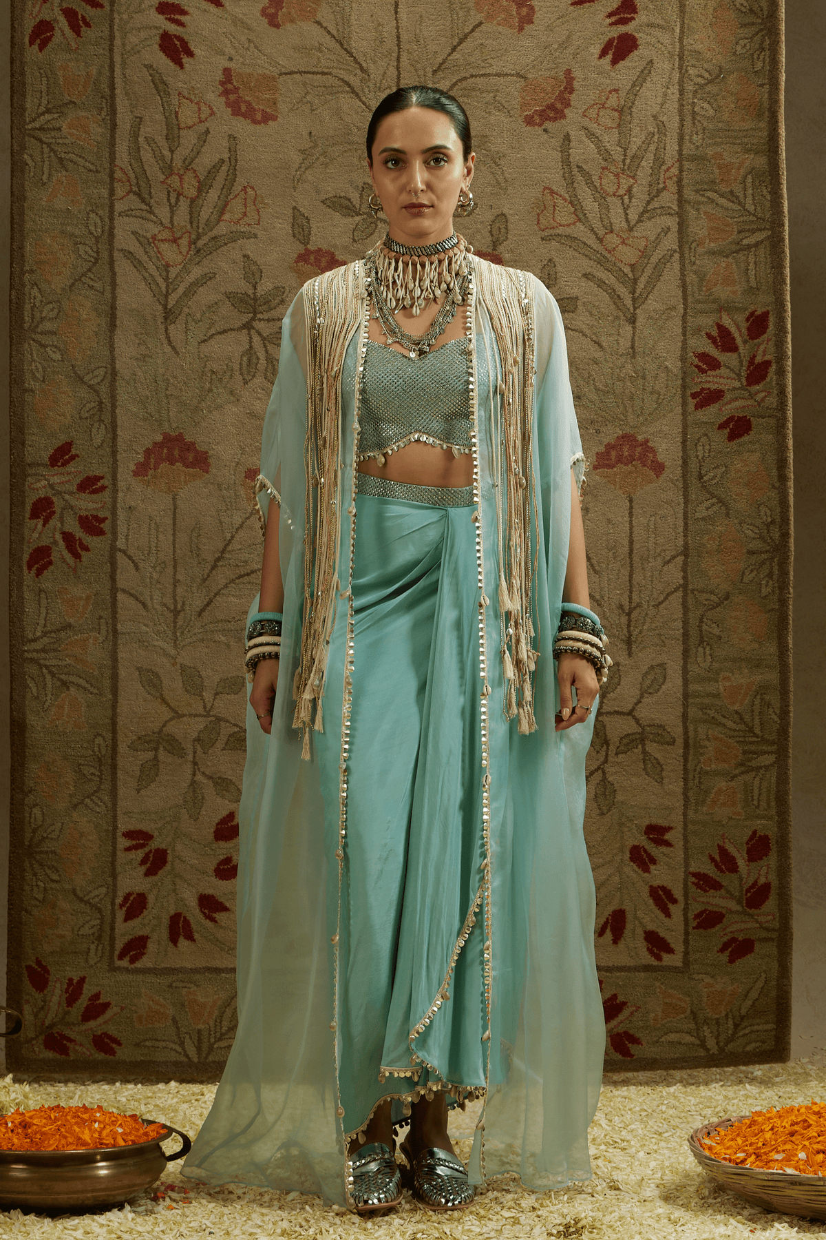 Blue Cape, Bustier, Drape Skirt