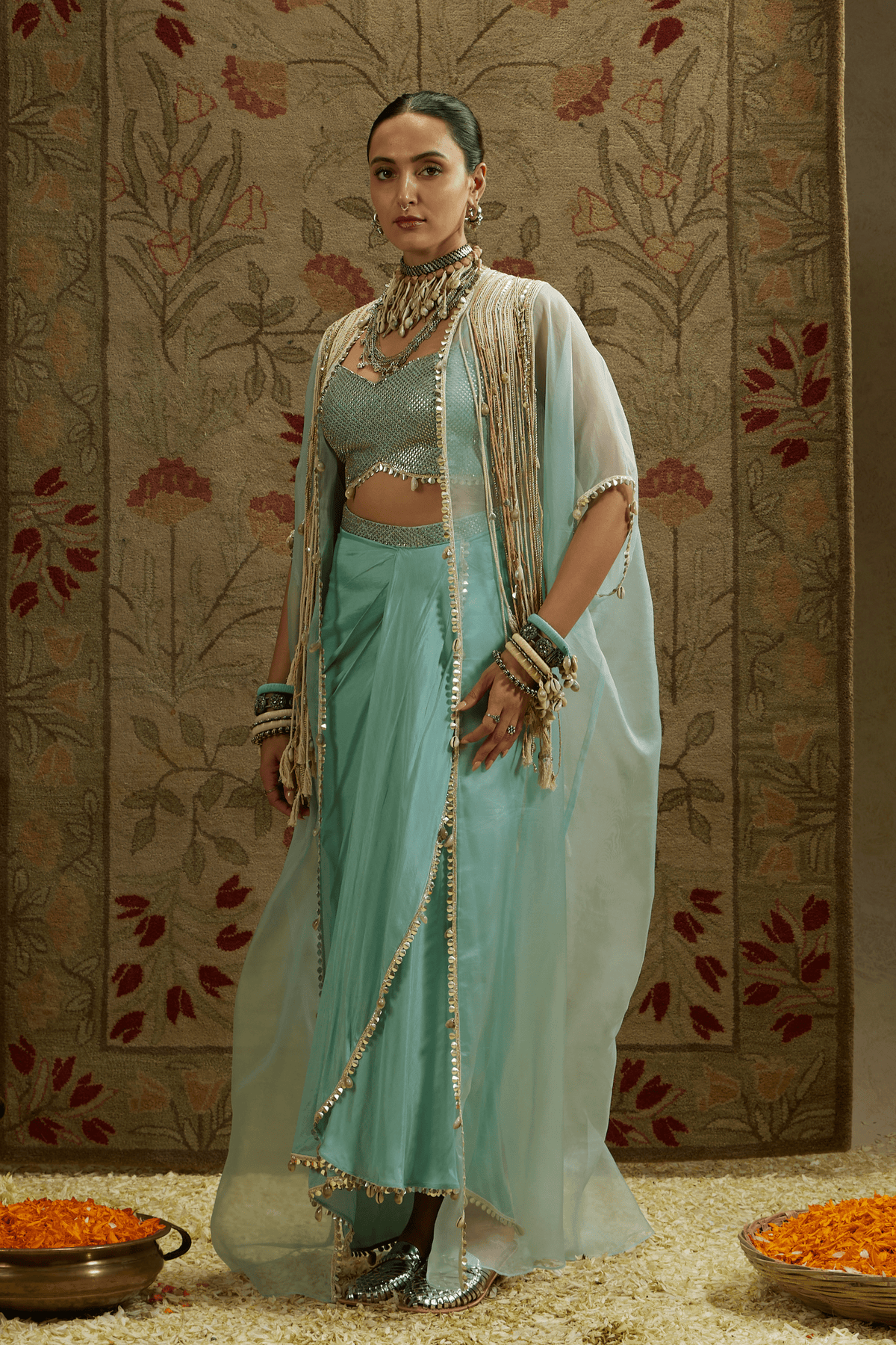 Blue Cape, Bustier, Drape Skirt