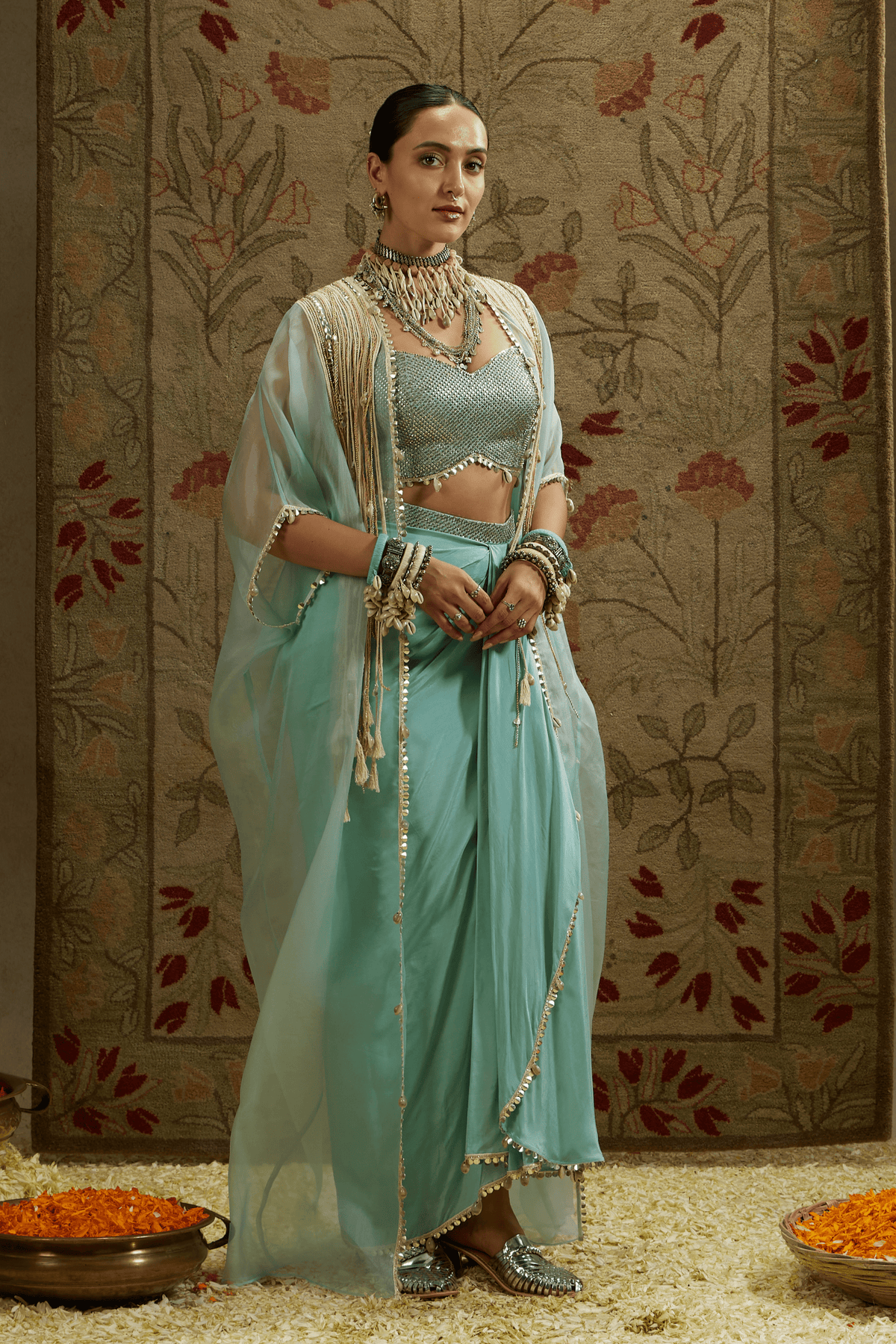 Blue Cape, Bustier, Drape Skirt