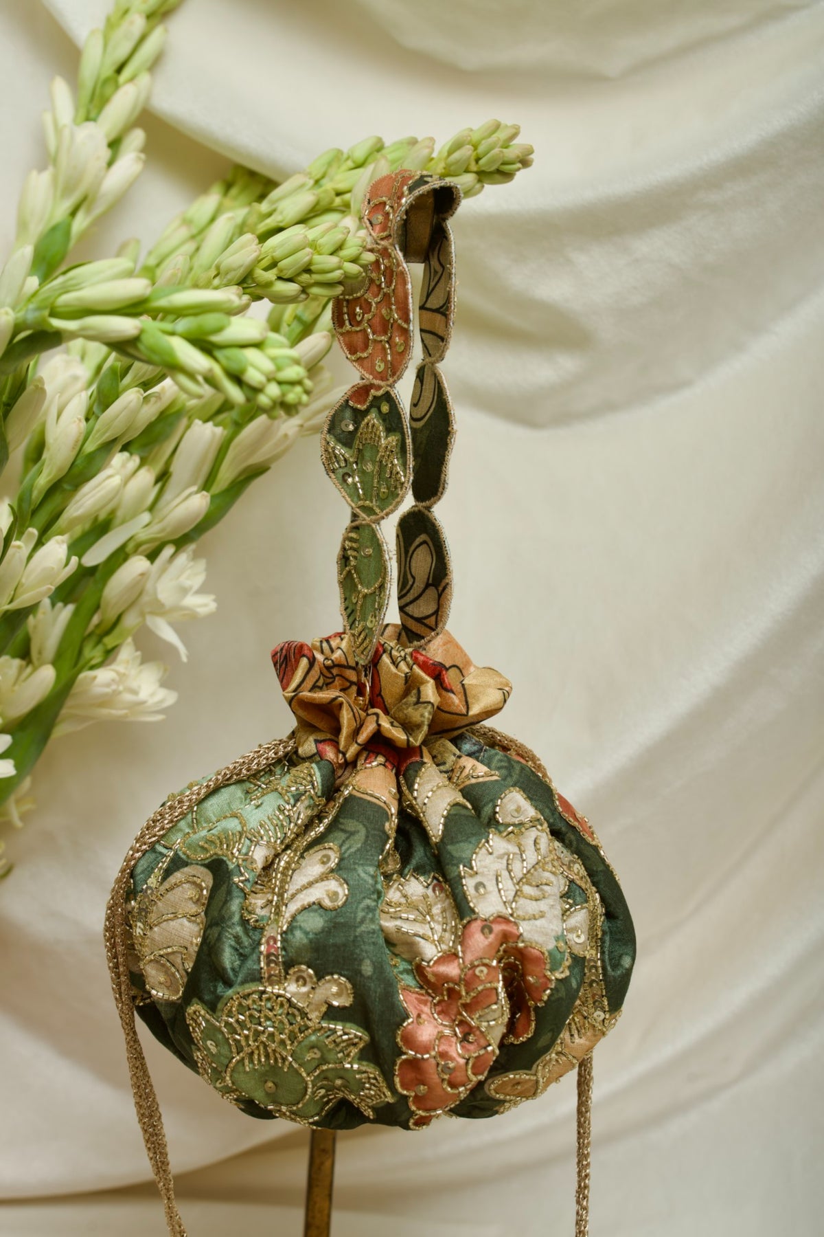 Kalamkari Gol Potli Bag Green