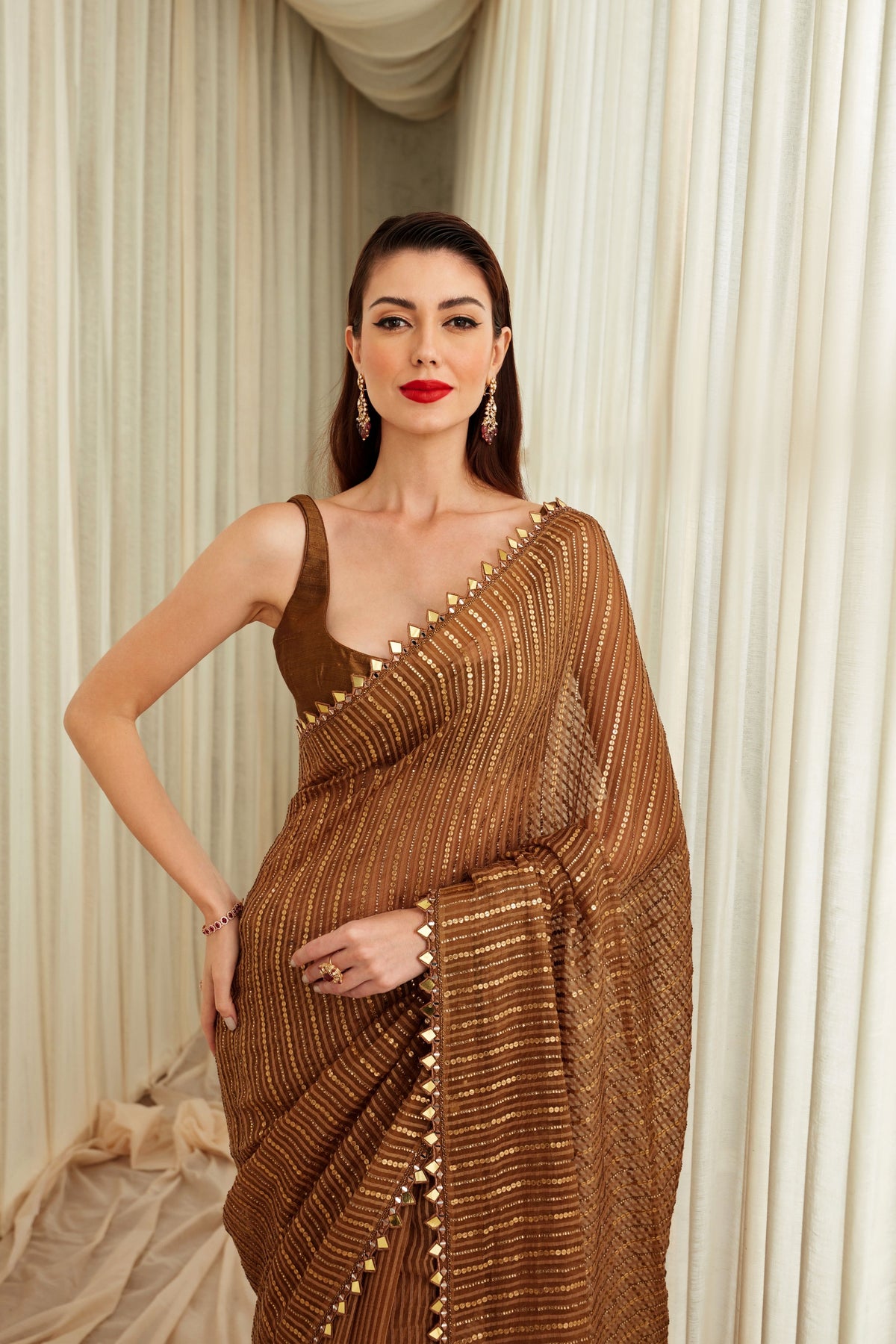 Dark Gold Organza Saree Set