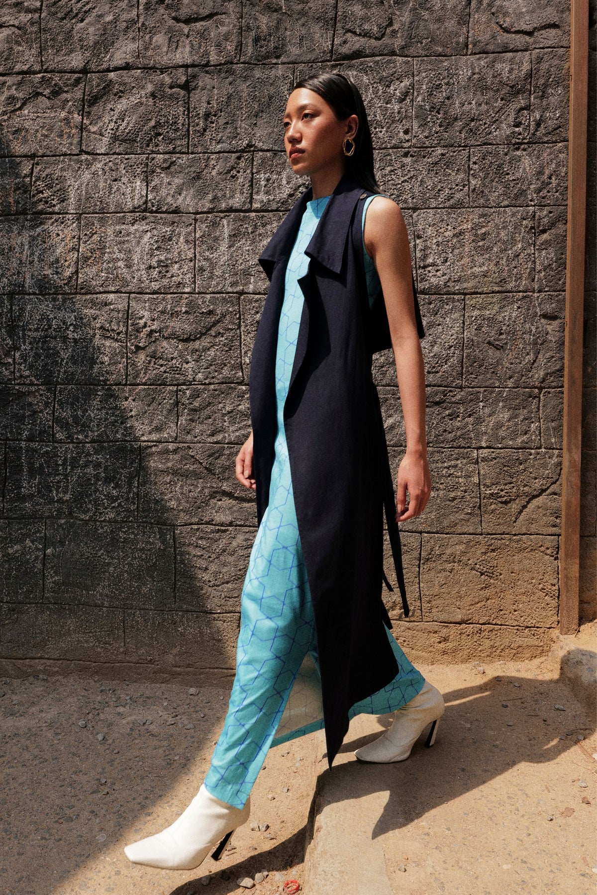 Jersey Long Dress in Blue Mesh