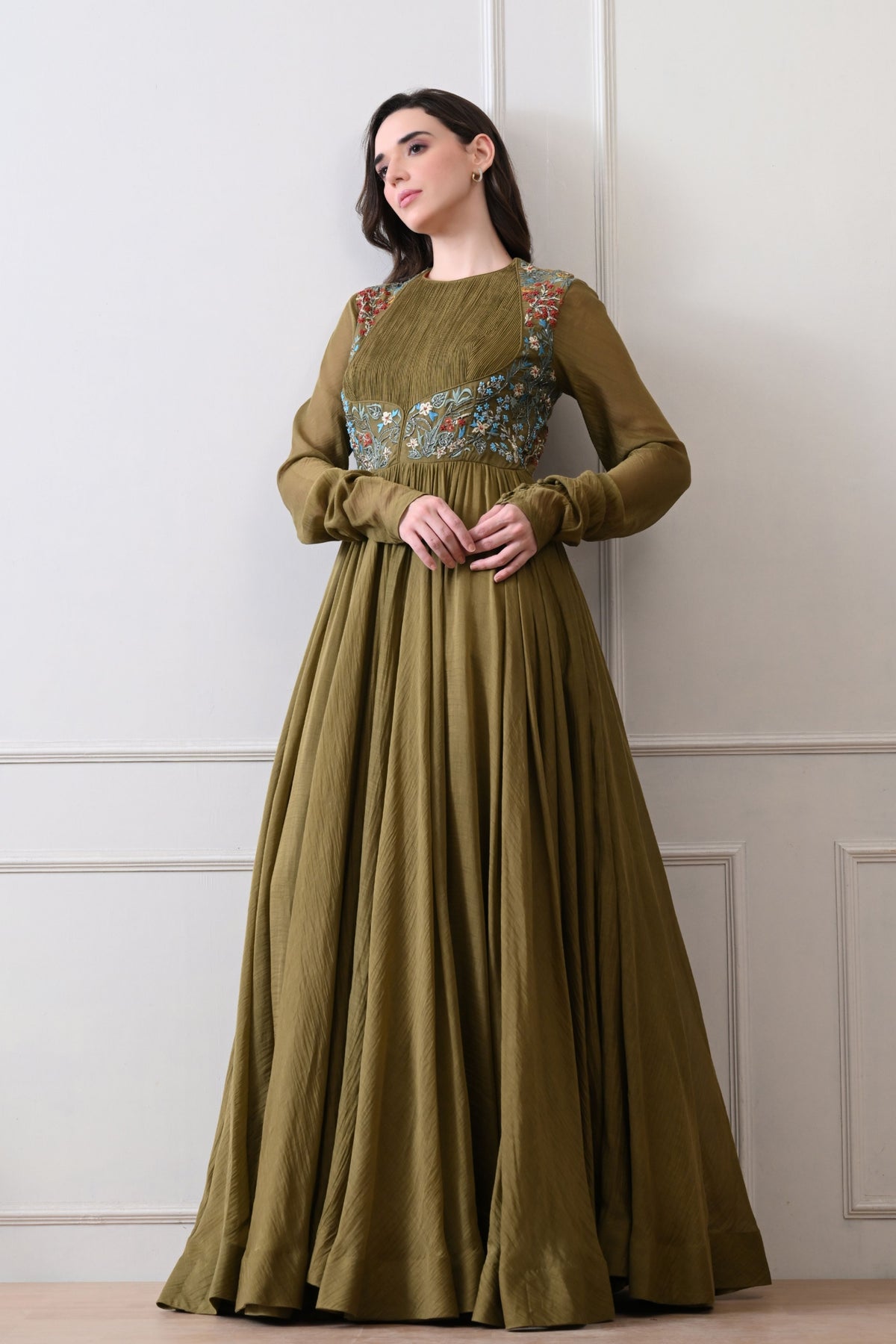Olive Pintuck Bodice Embroidered Anarkali