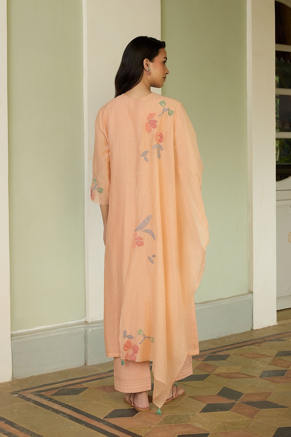 Peach Applique Floral Kurta Set