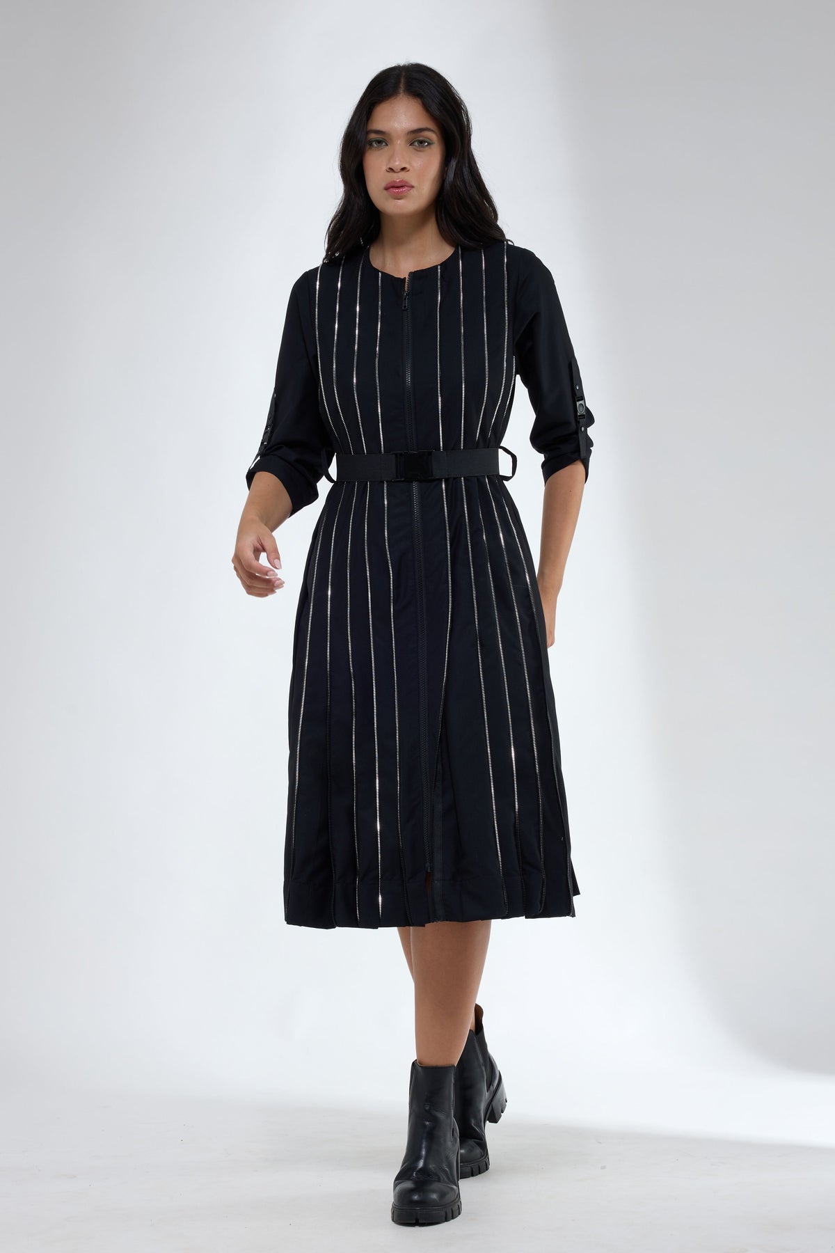 Mid Calf Pleated Black Dress