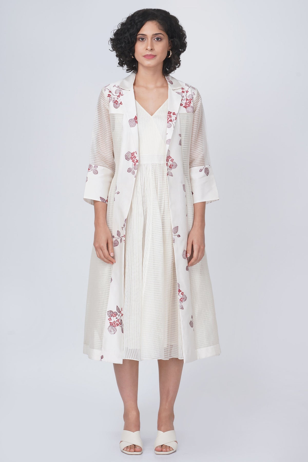 Ivory Block Print Jacket With Dress