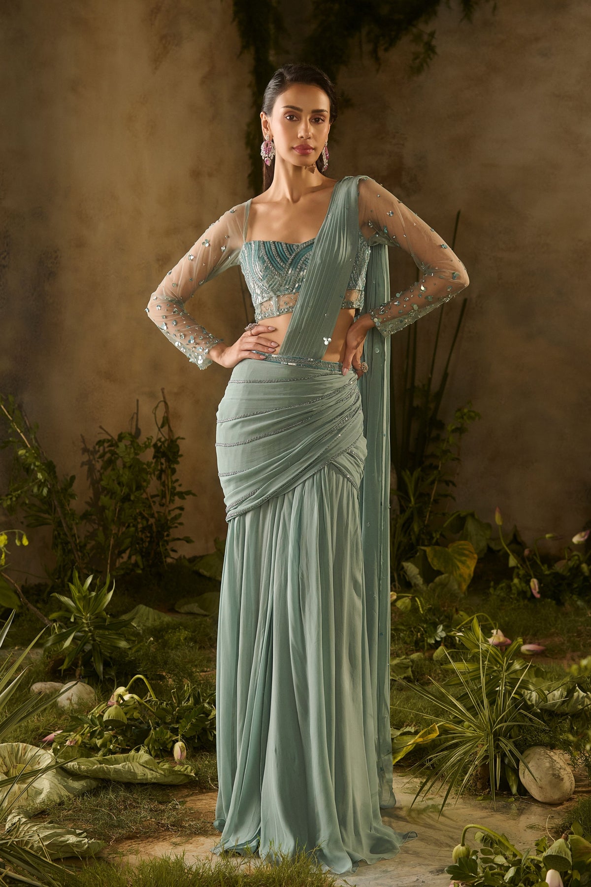 Sea Green Draped Saree Set