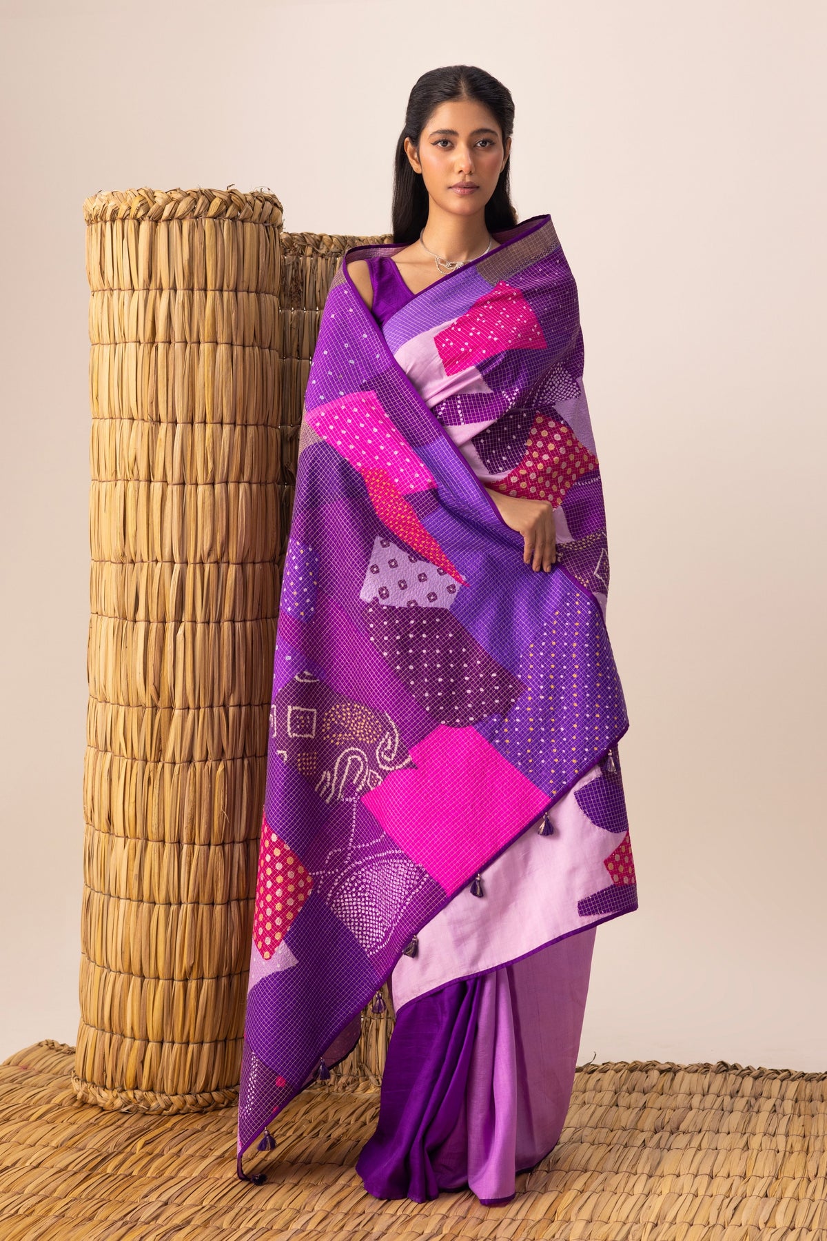 Purple Multi Bandhani Patchwork Saree set