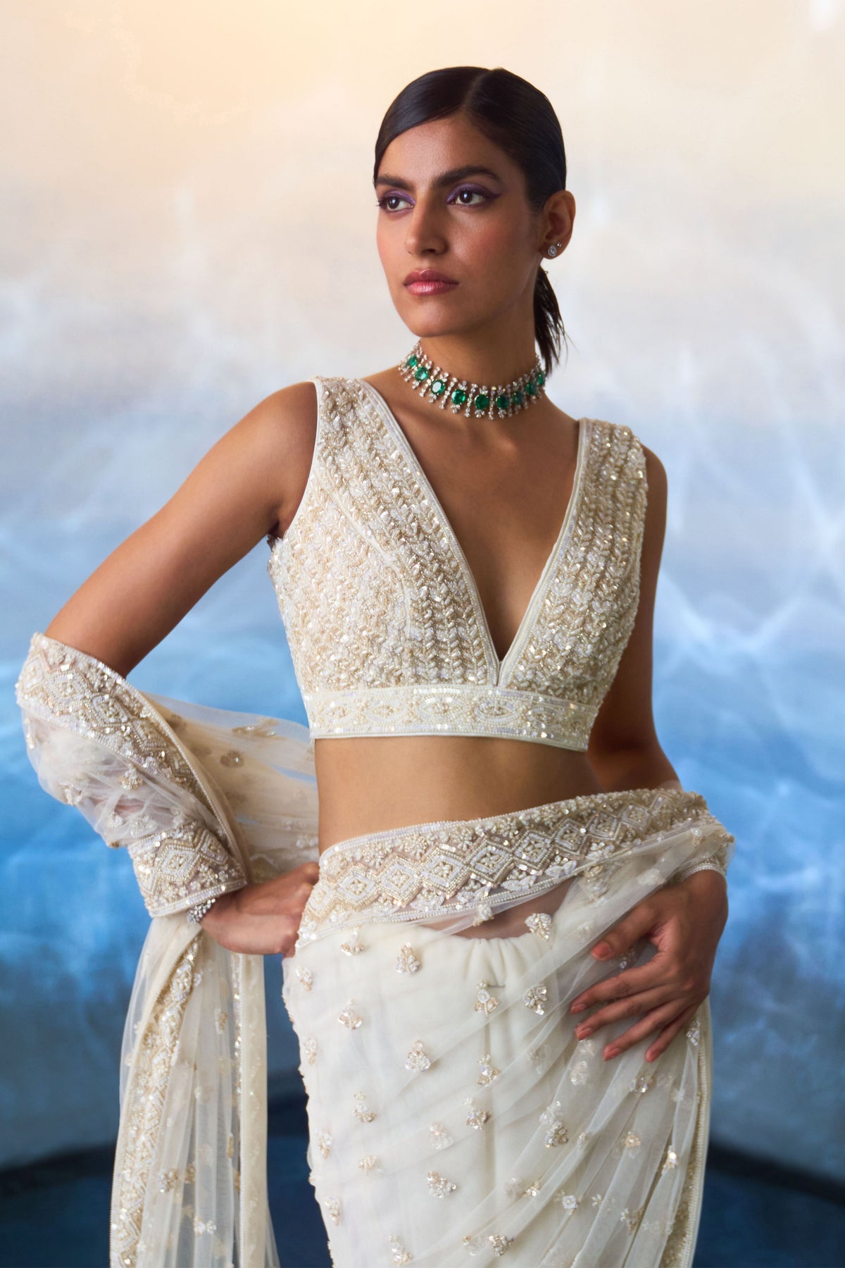 Ivory Embroidered Saree Set