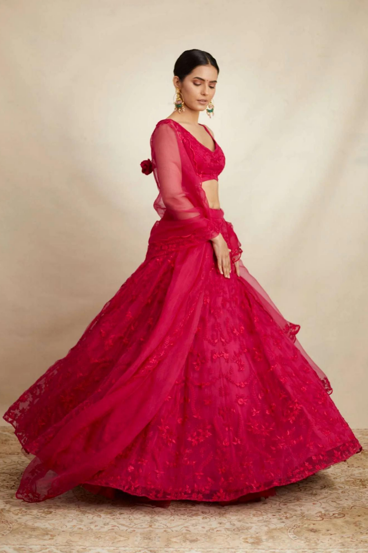 Carmine Pink Organza Lehenga Set