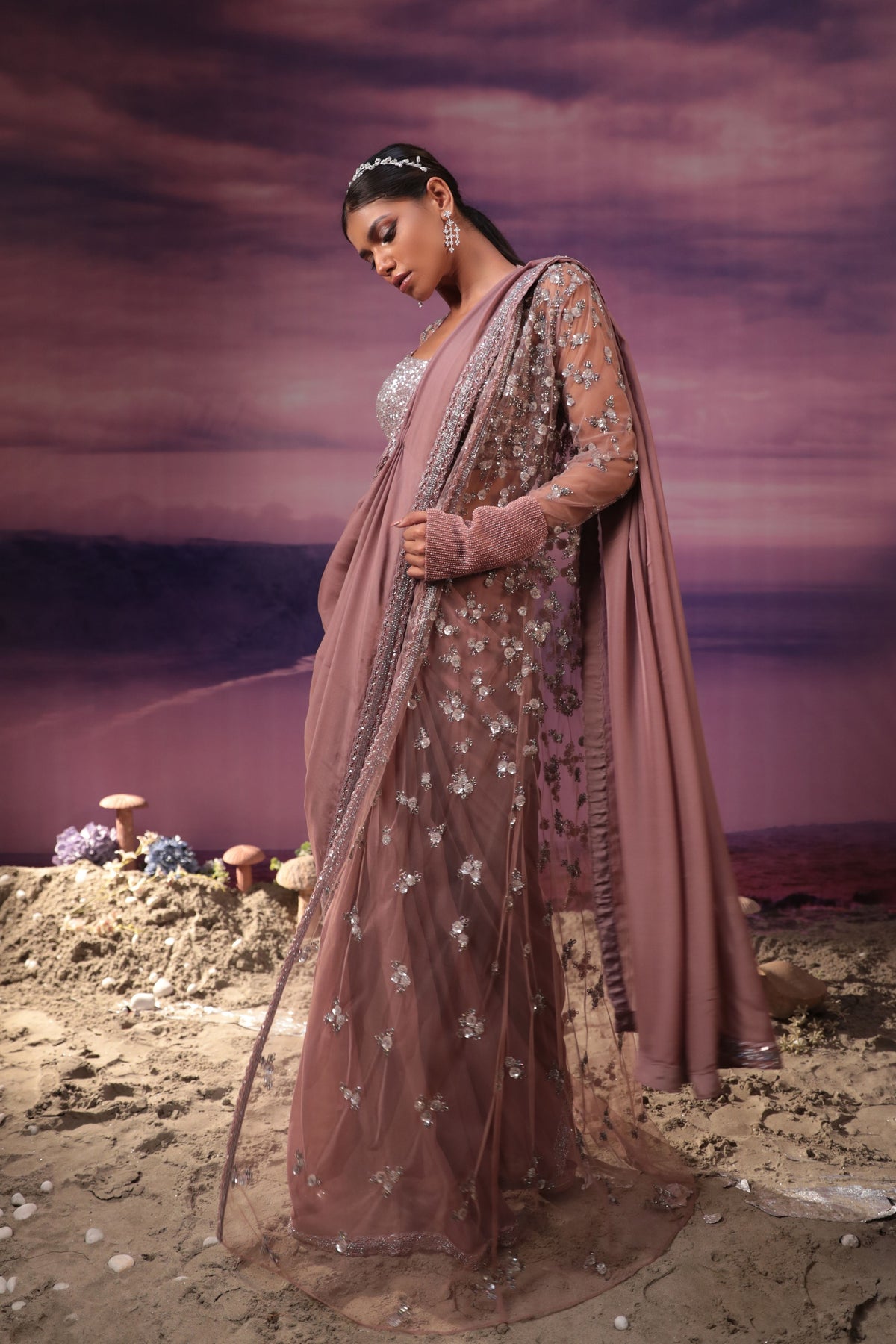 Dusty Purple Saree Set With Cape