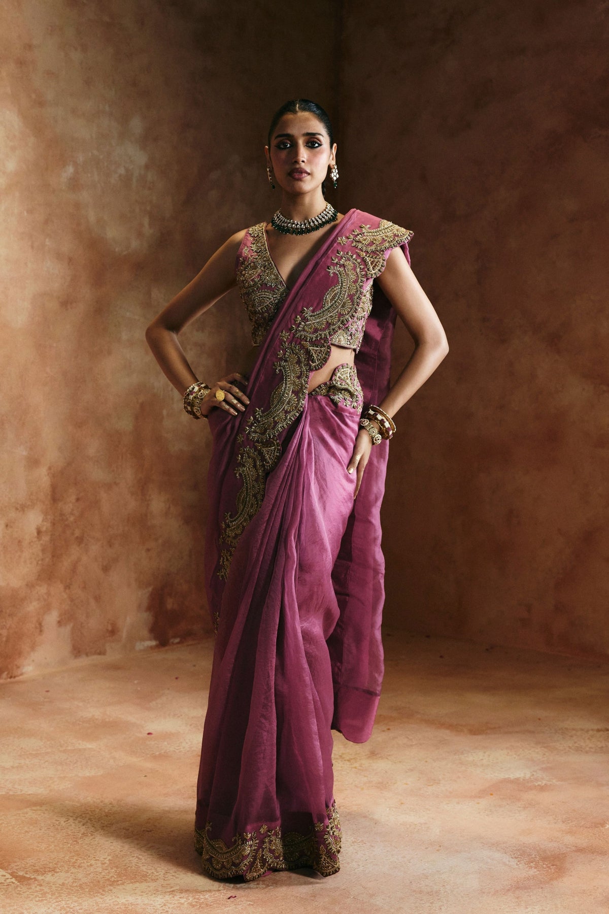 Peach Gold Sindh Zardozi Saree Set