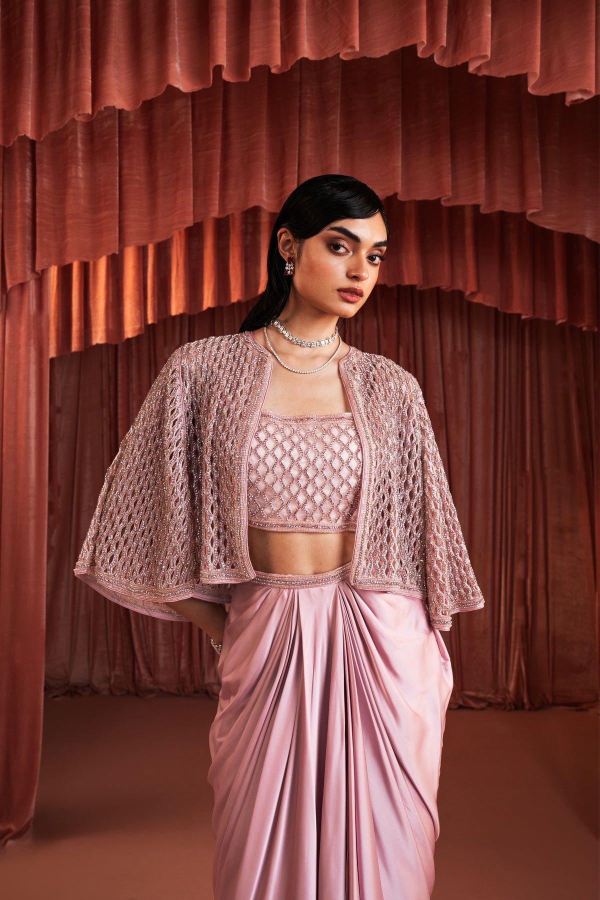 Pink Embroidered Cape Set