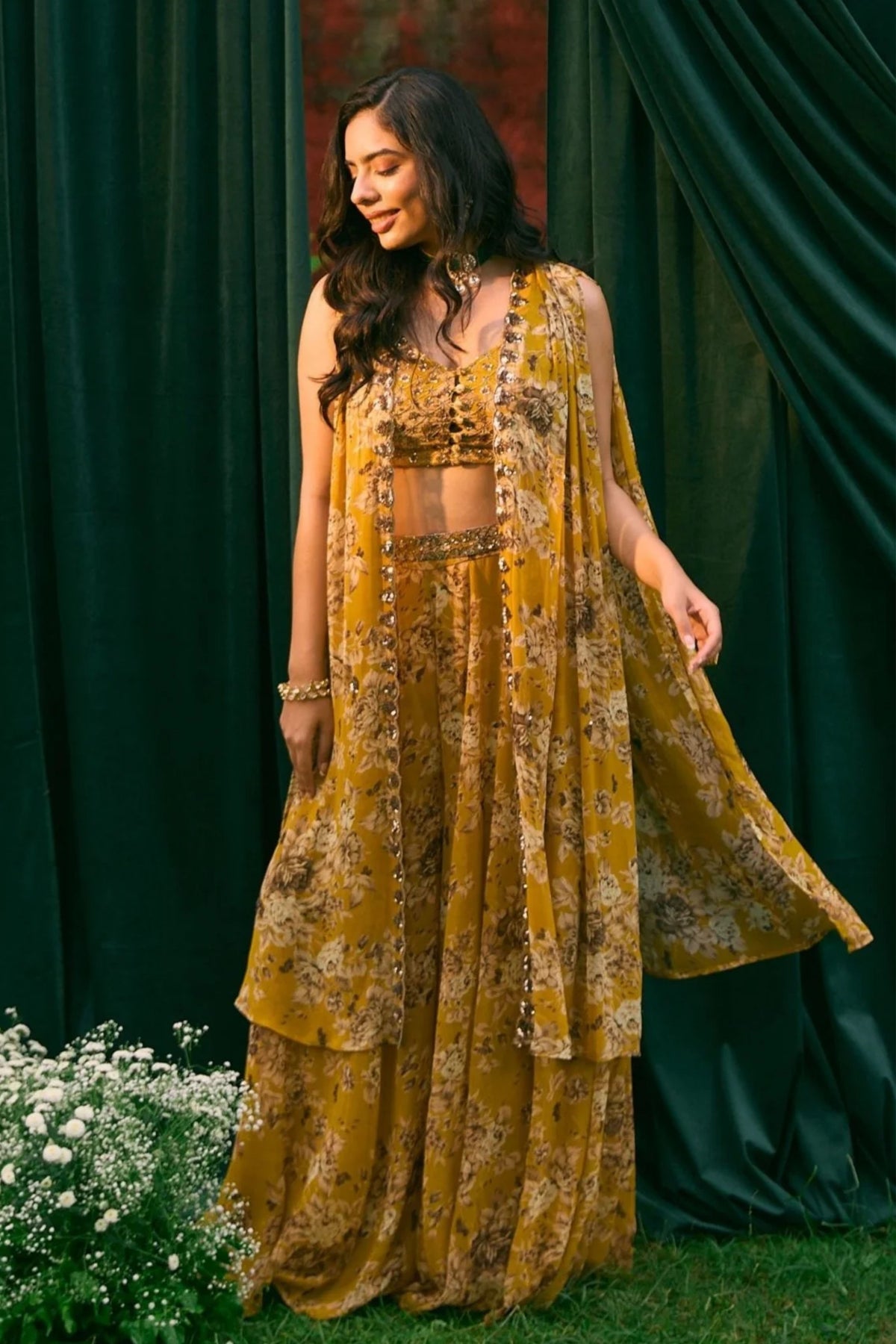 Mustard Floral Cape Set