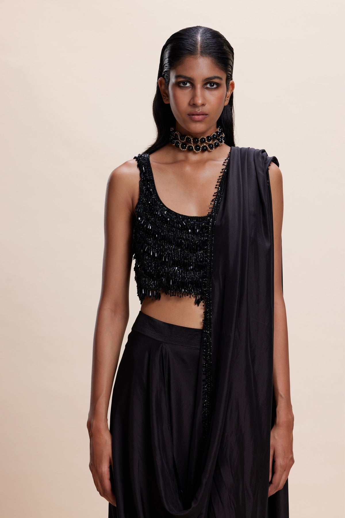 Black Embellished Draped Saree Set