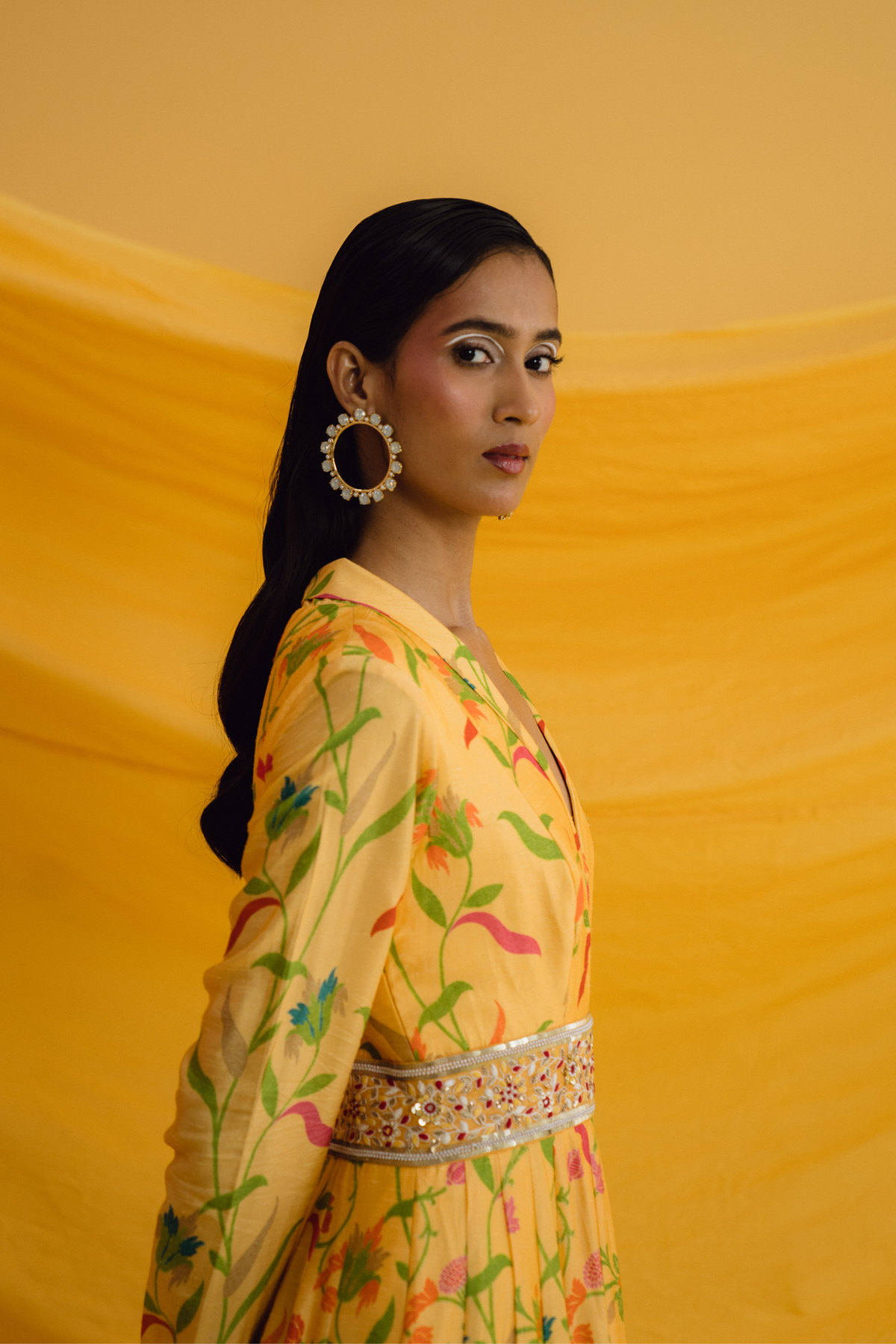 Yellow Mix Print Shawl Collared Maxi