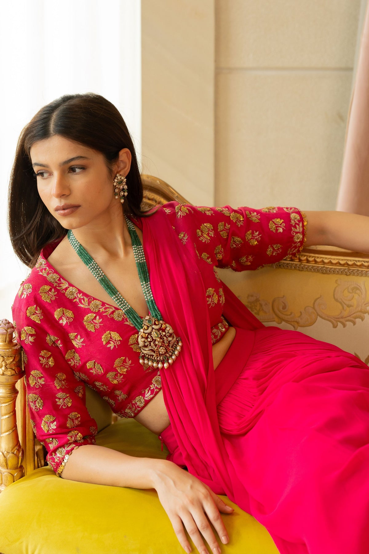 Rani Pink Antique Embroidered Sari Set