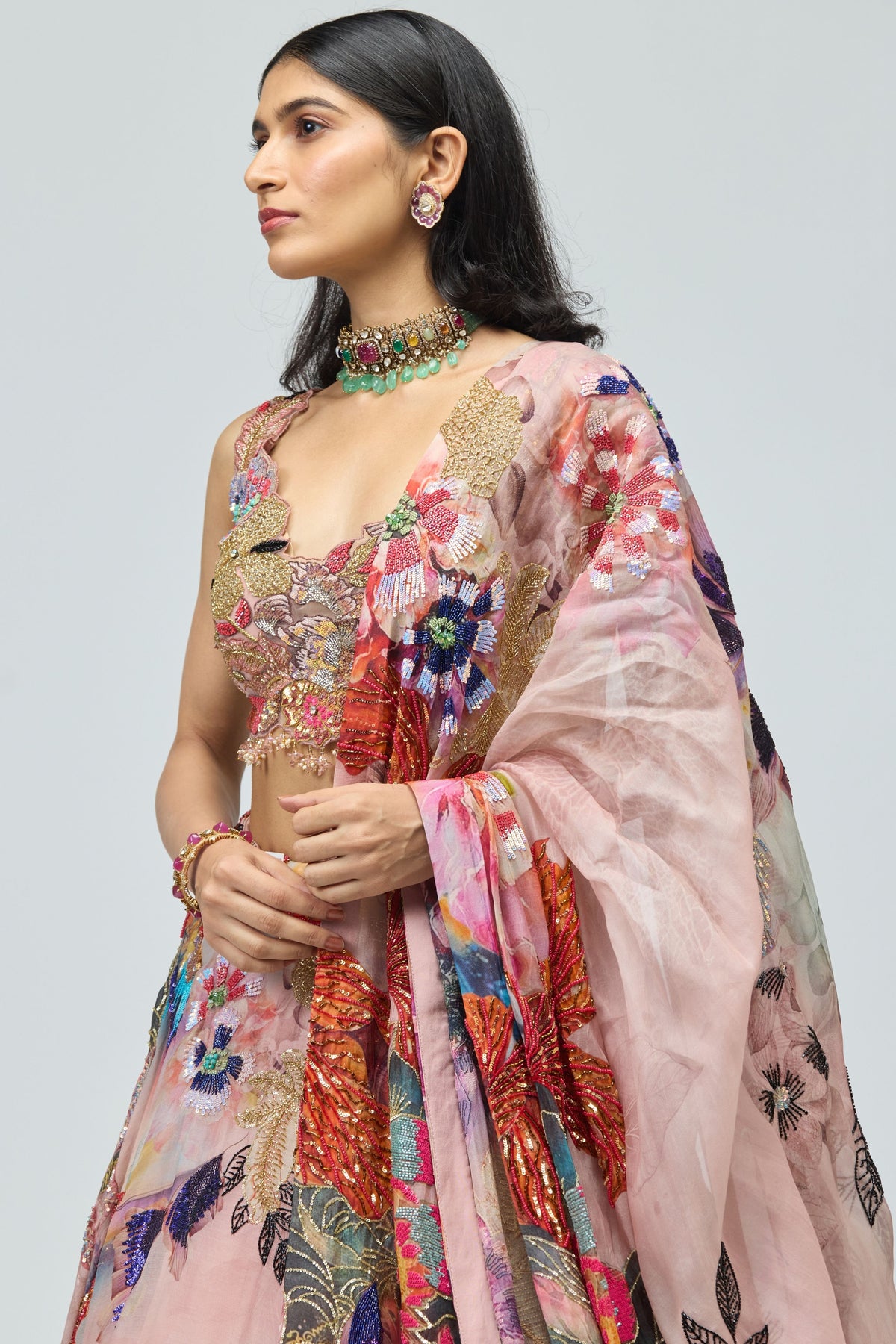 Organza Multicoloured Lehenga Set