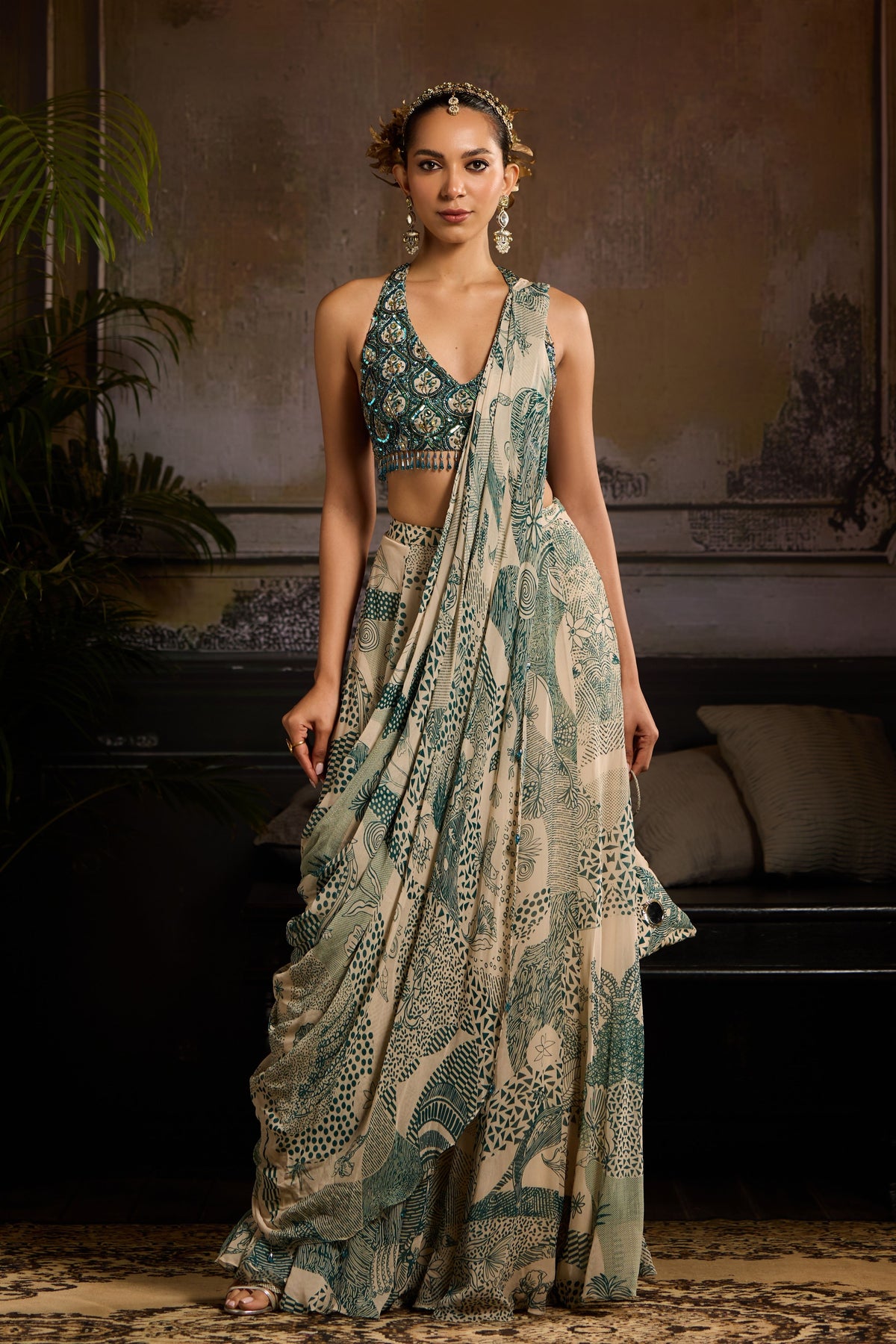Teal Abstract Drape Saree Set