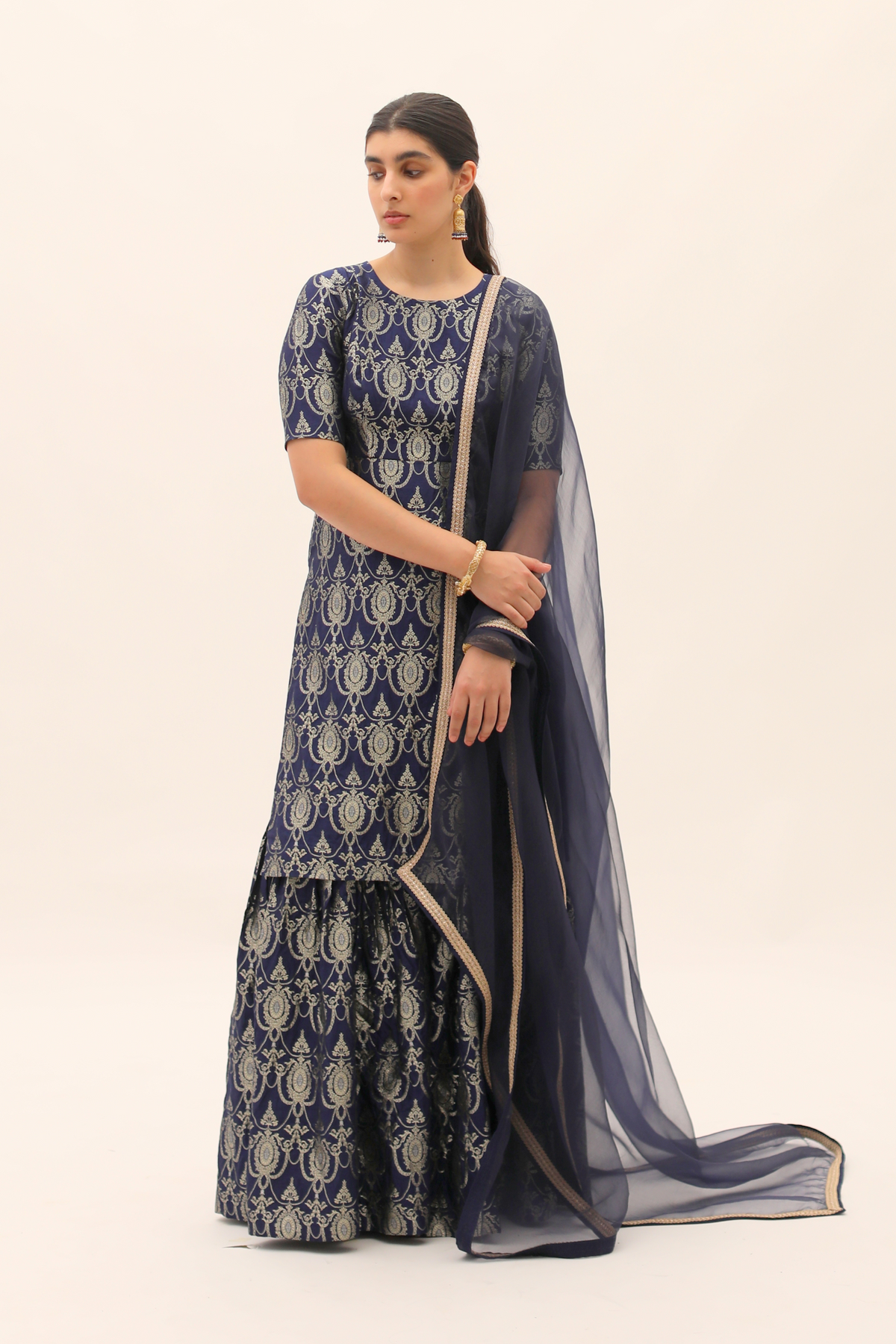 Navy Blue Brocade Kurta Sharara set