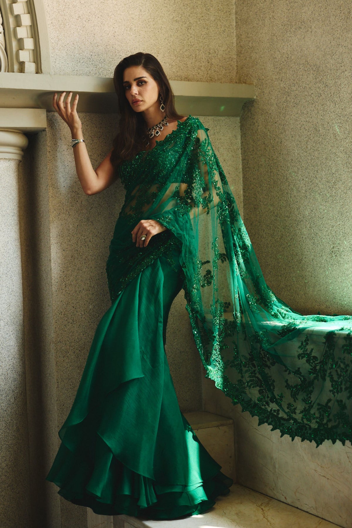 Emerald Green Draped Saree Set