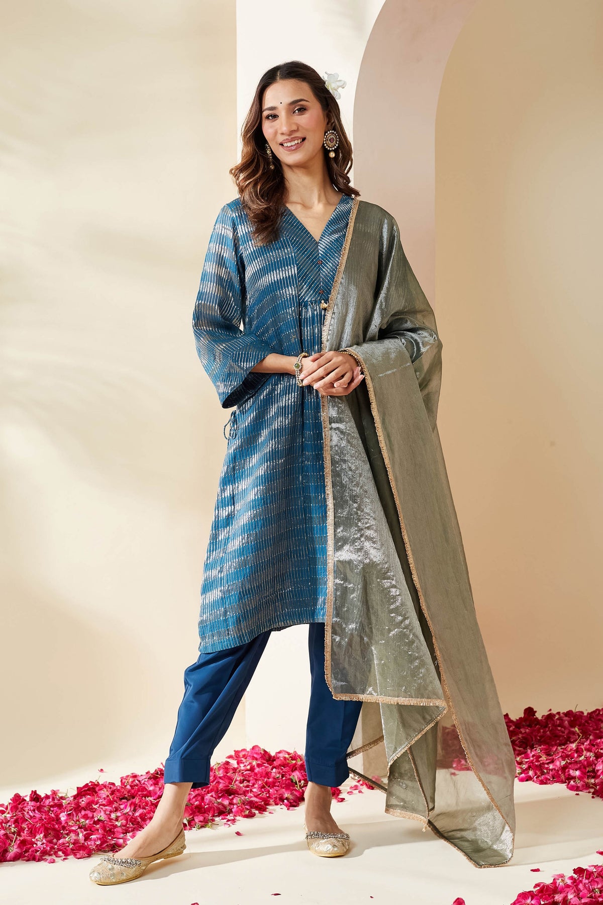 Blue Zari Stripe Kurta Set