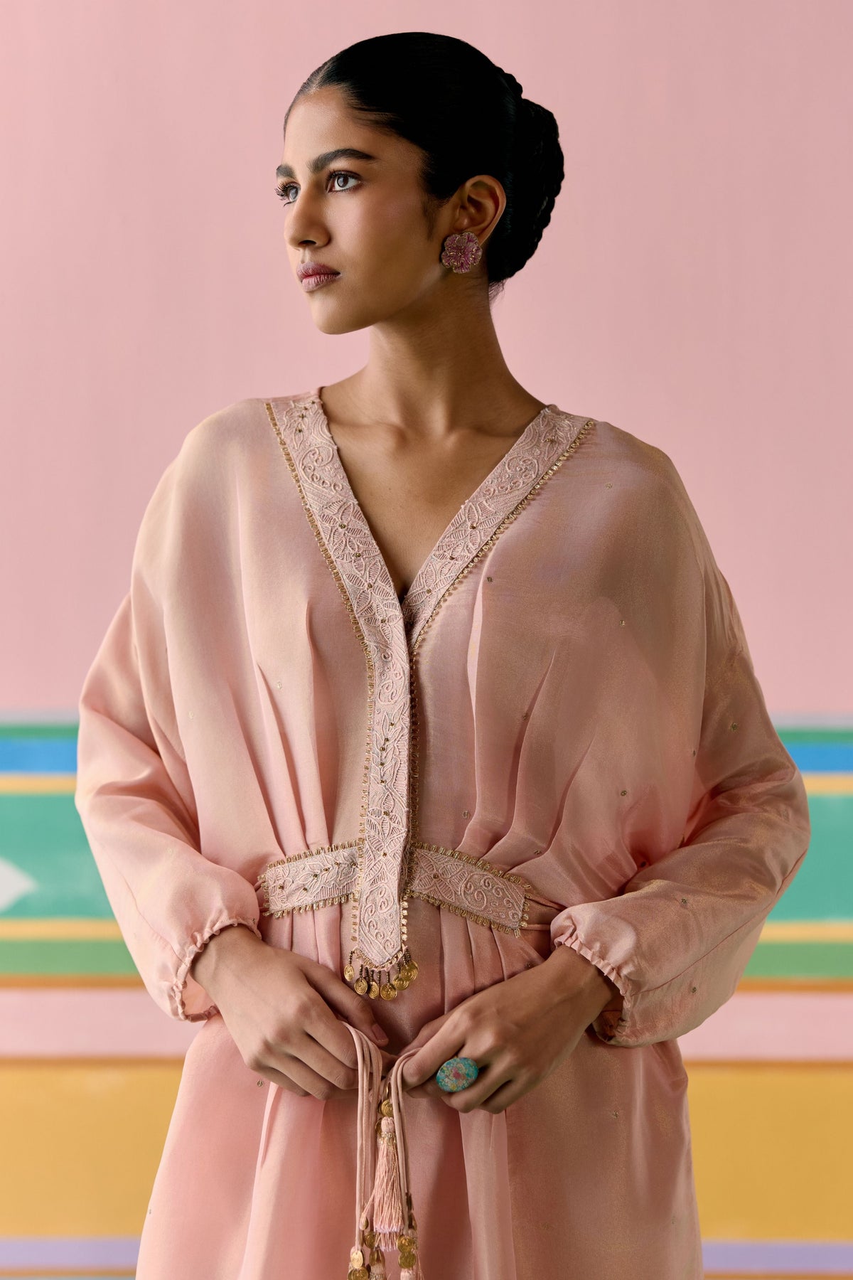 Peach Embroidered Long Kaftan Set