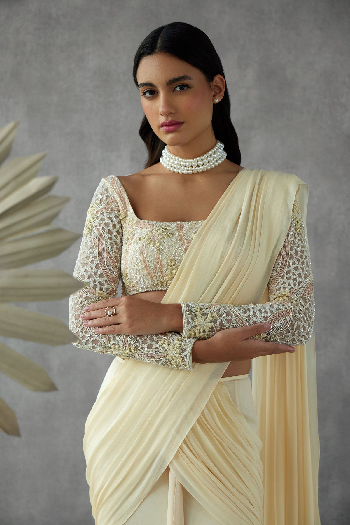 Cream Drape Sare With Blouse