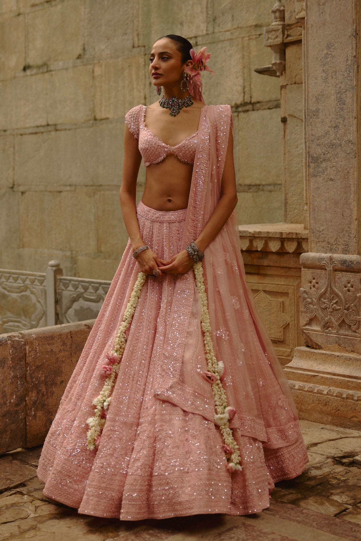 Pink Net Lehenga Set