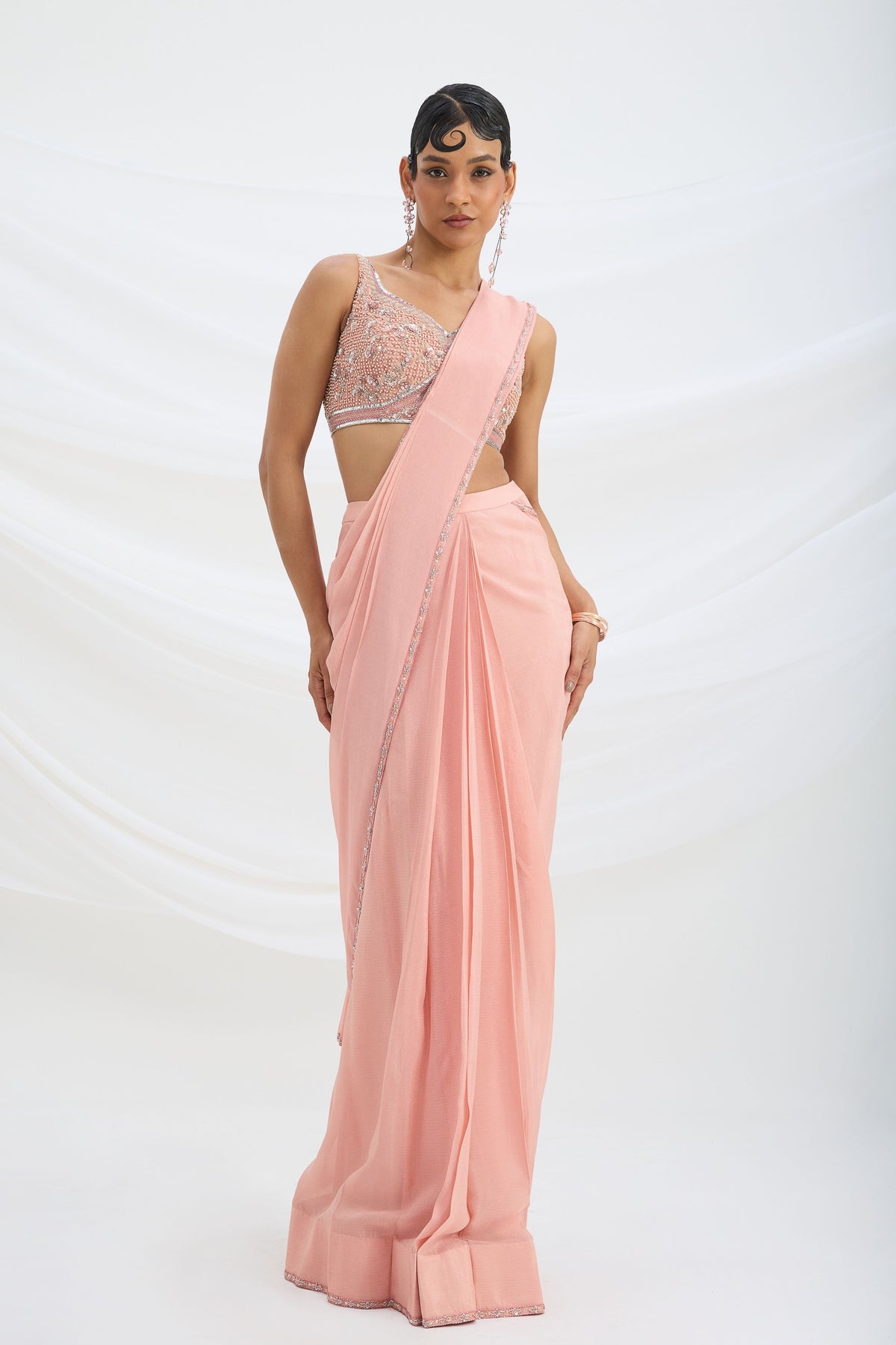 Peach Pink Drape Saree Set