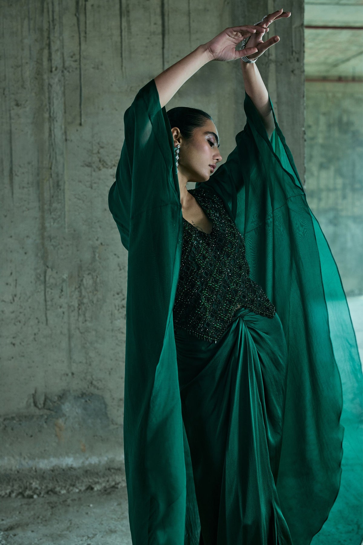 Emerald Crystal Jacket Set With Cape