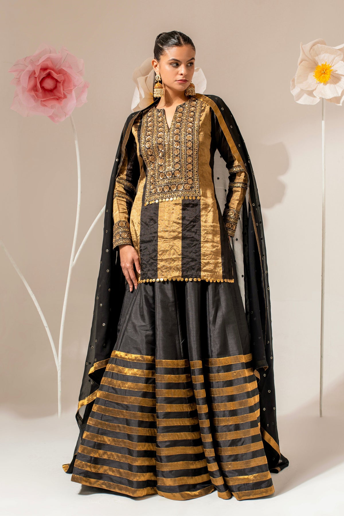 Black Embroidered Kurta Lehenga Set