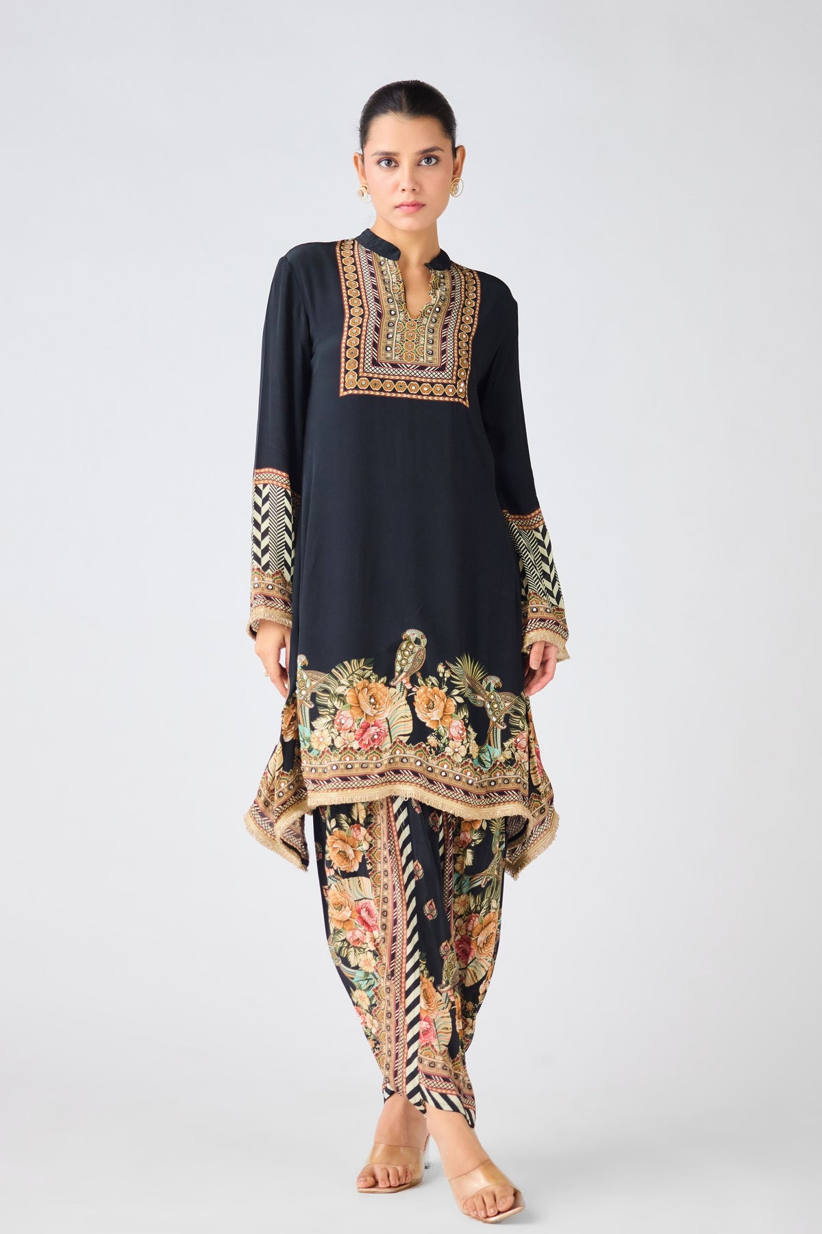 Black Crepe Floral Tunic Set