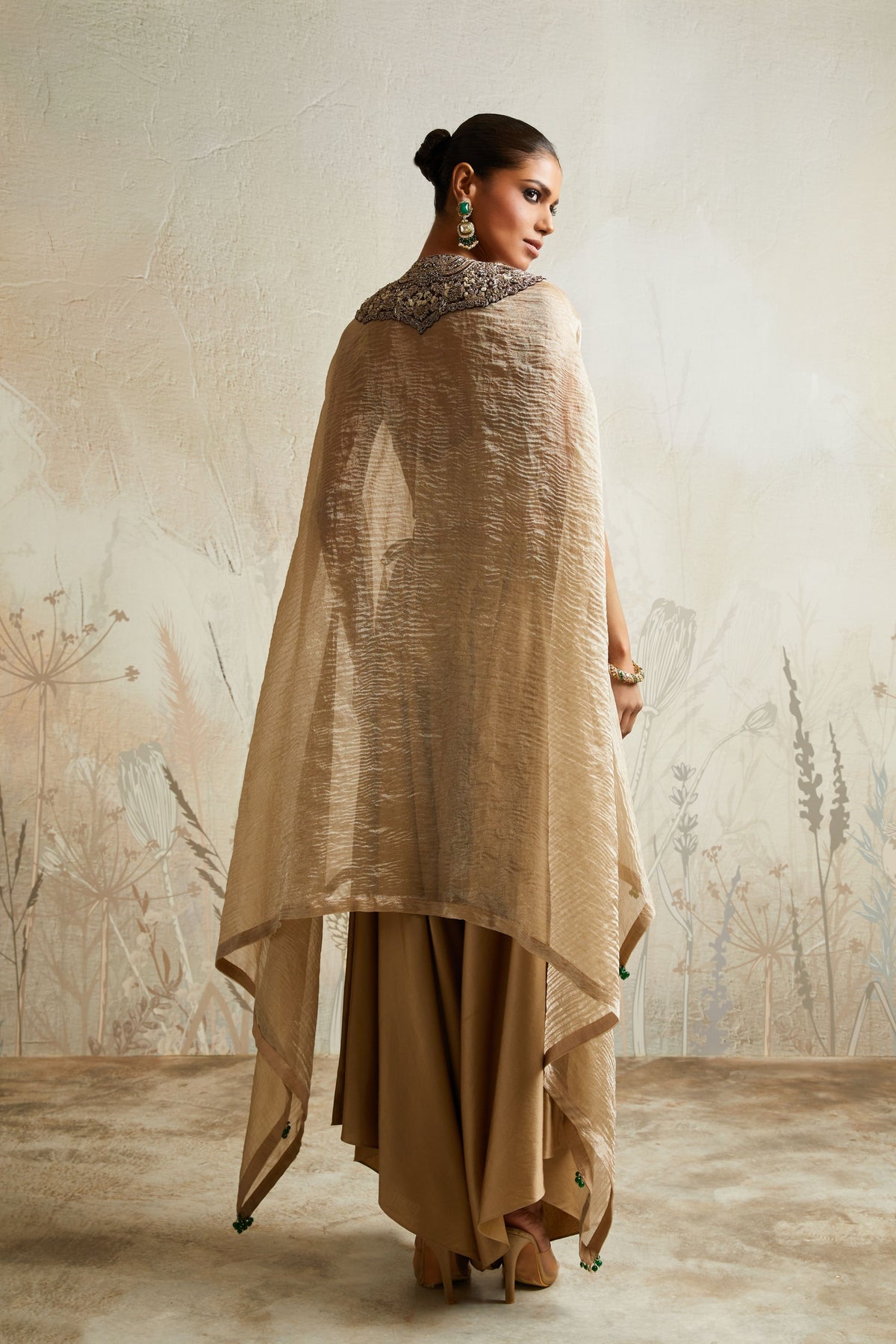 Brown Yoke Crushed V Kaftan Set