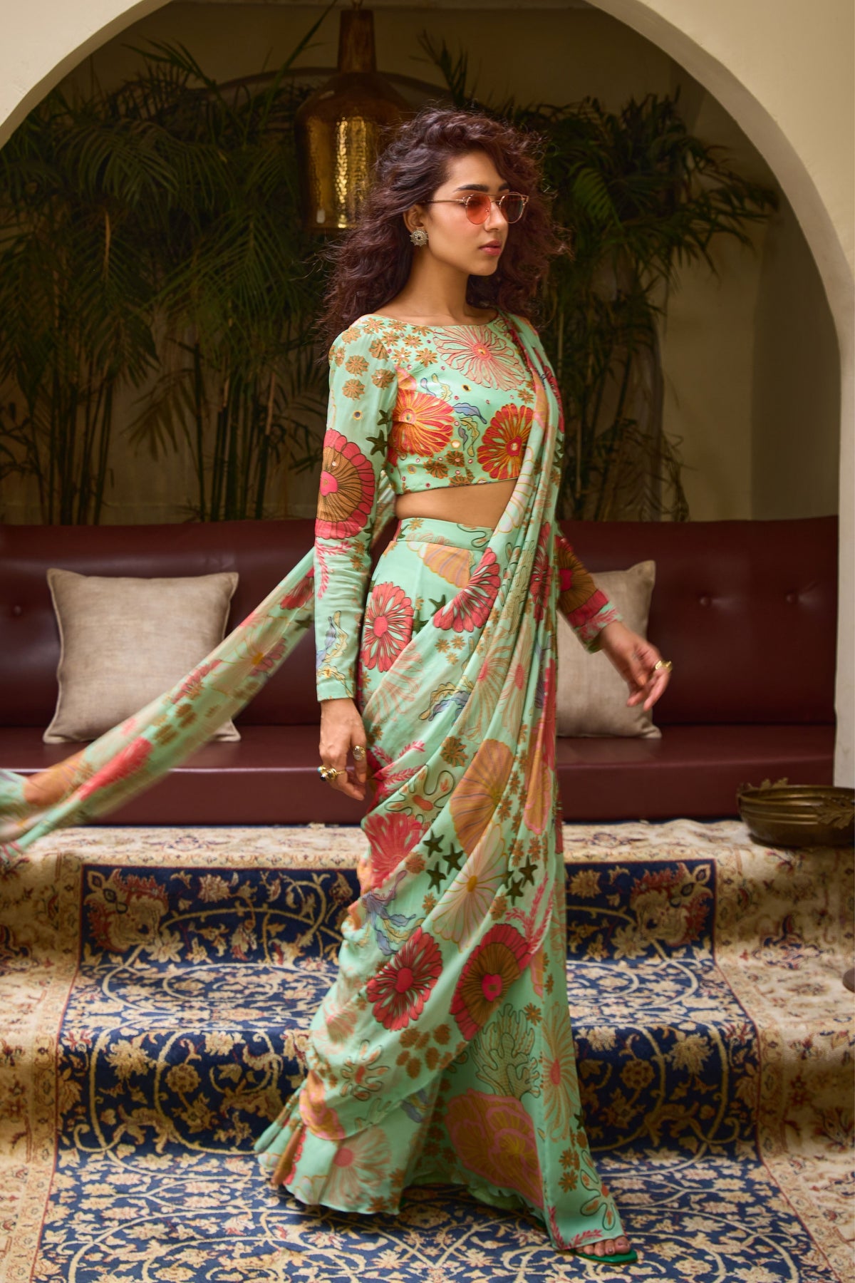 Green Floral Skirt Saree Set