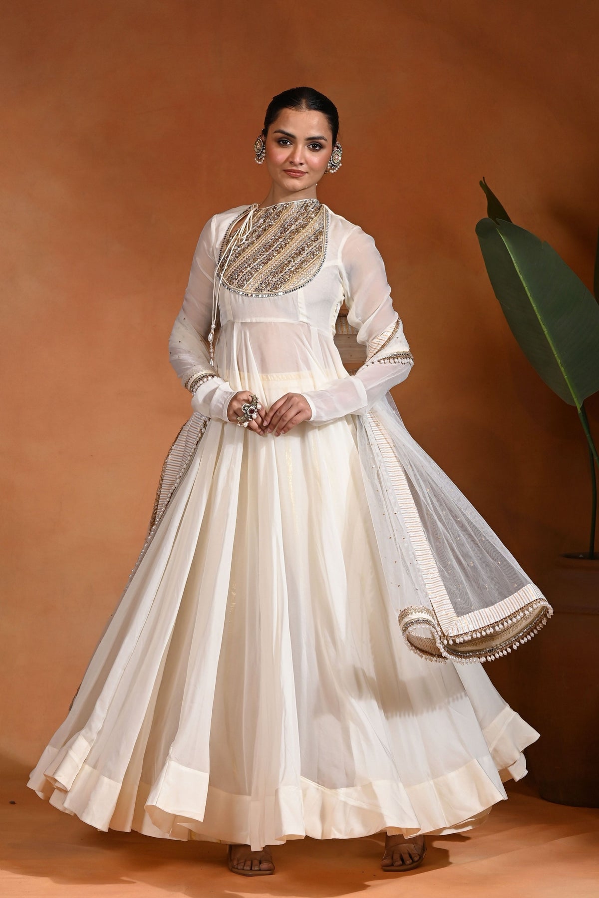 Aabroo Anarkali Ivory Gold Set