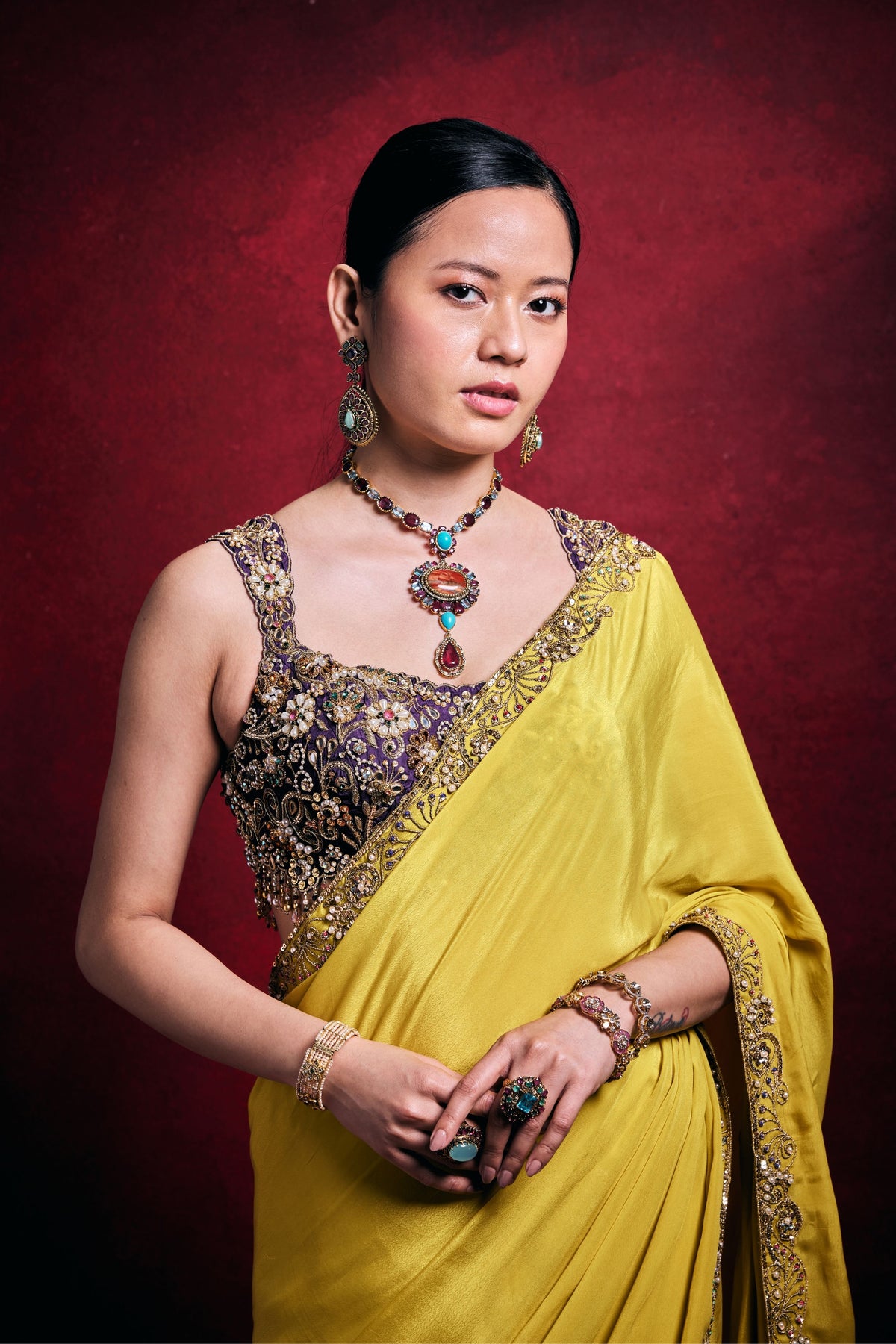 Yellow Crepe Saree Set