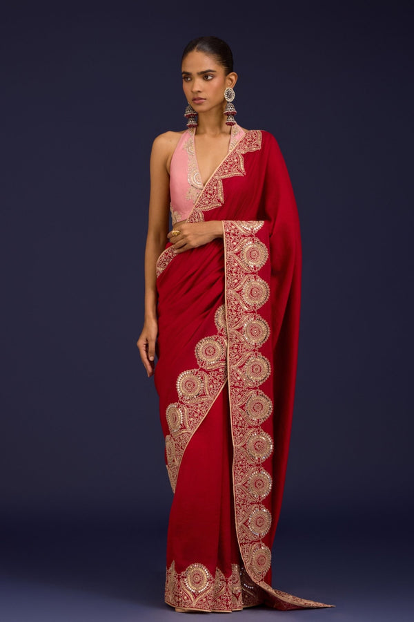 Devnaagri - Red Embroidered Saree Set - Elahe