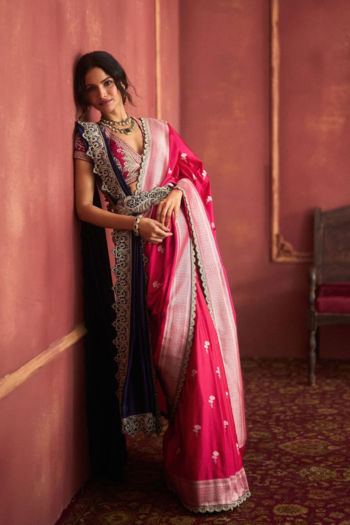 Banarasi Pink Embroidered Saree Set