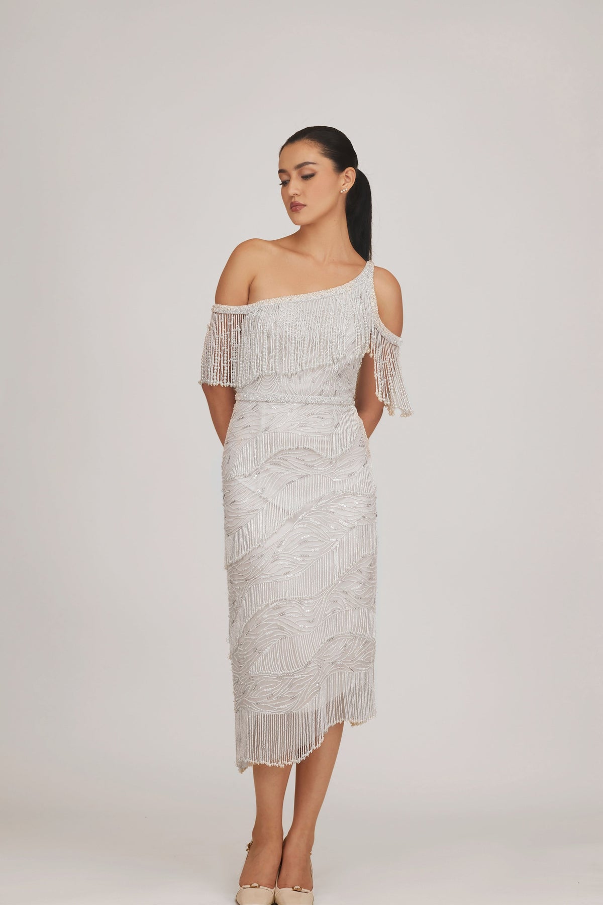 One Shoulder Fringe Midi Dress With Belt