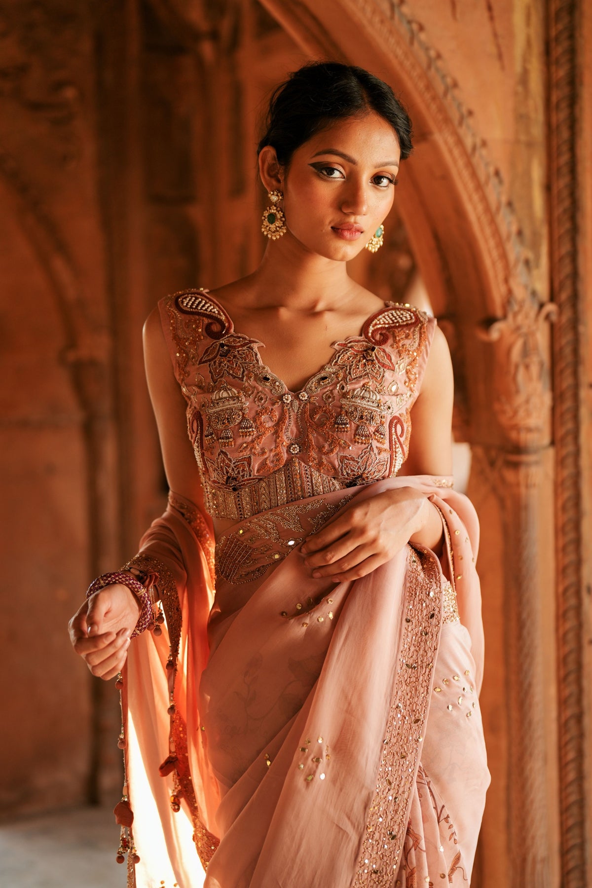 Powder Pink Organza Saree Set