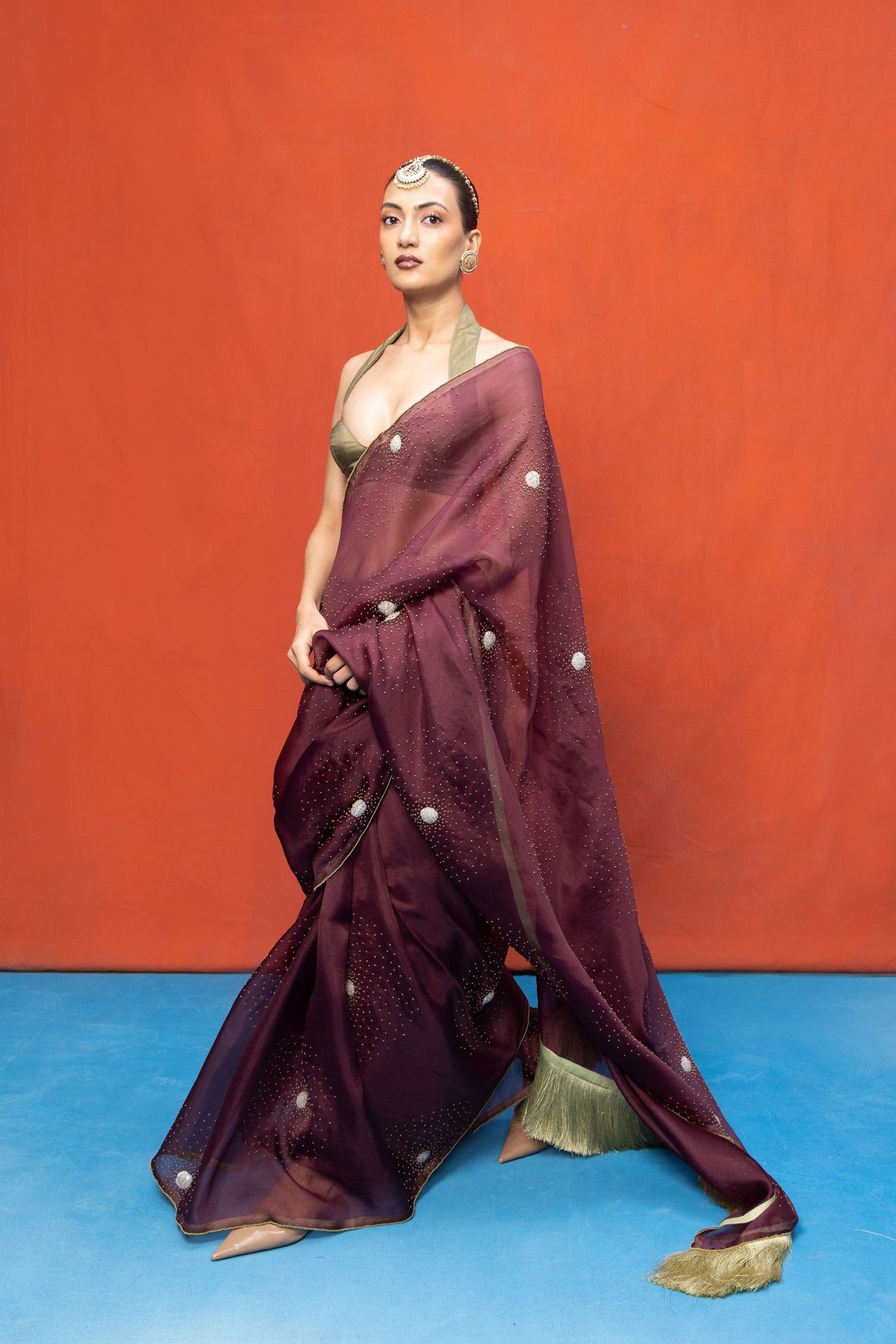 Handwoven Wine Kora Banarasi Saree