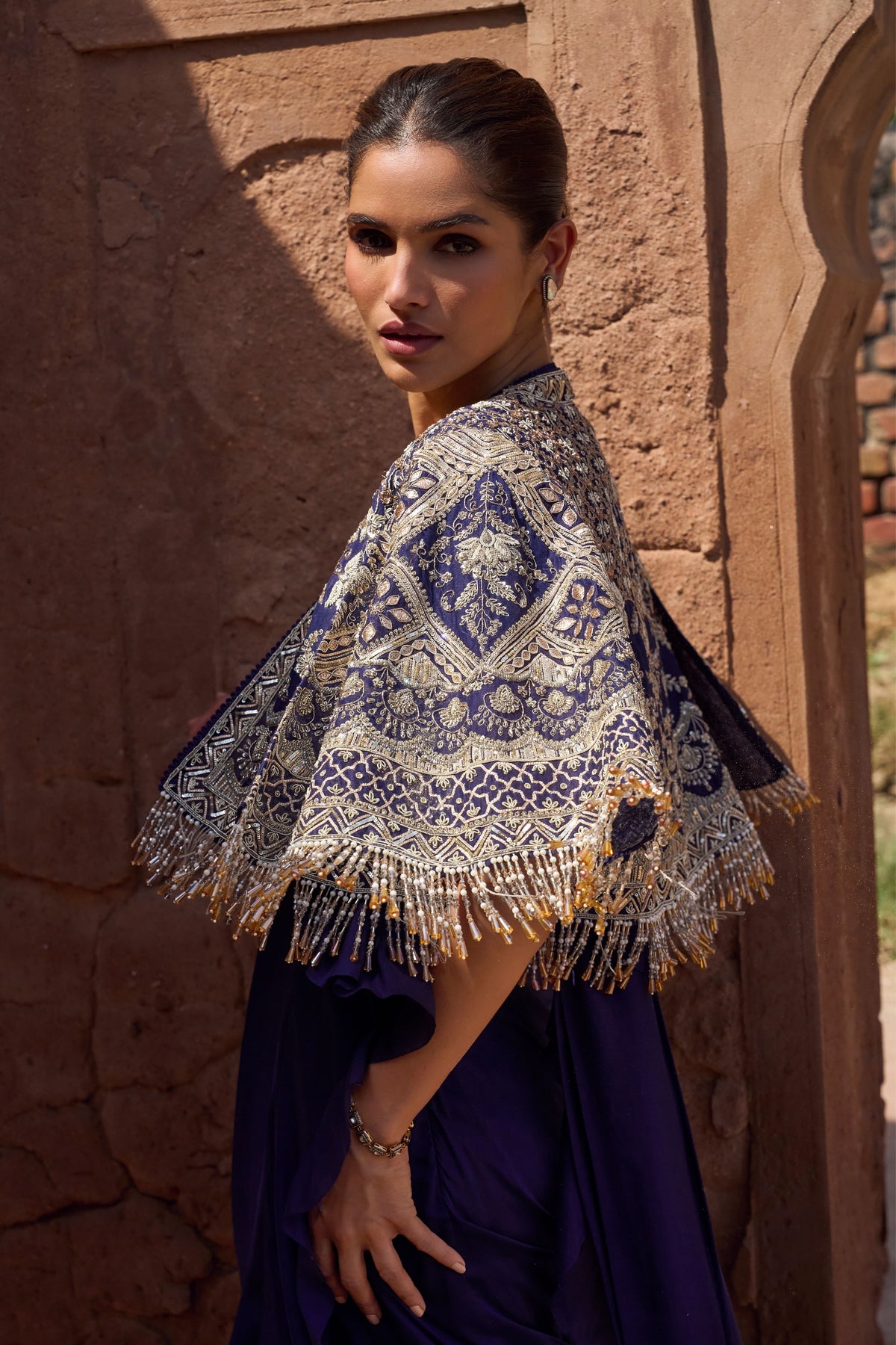 Purple Crepe Saree Set